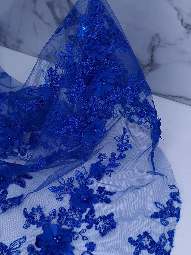 Tul bordado color azul rey H133, ideal para vestidos de noche de boda y de ceremonia