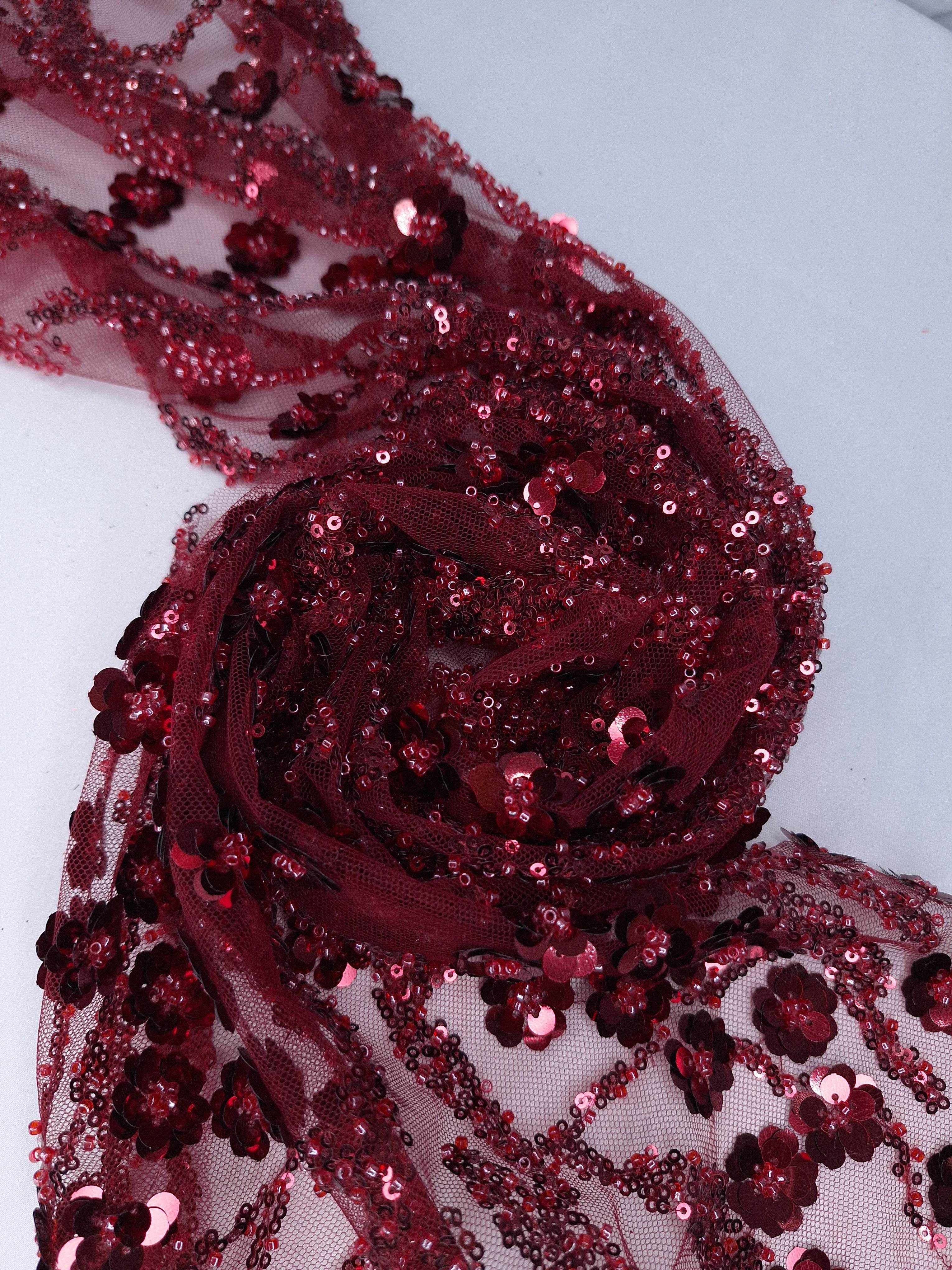 Tul bordado color vino H091, ideal para vestidos de noche de boda y de XV años