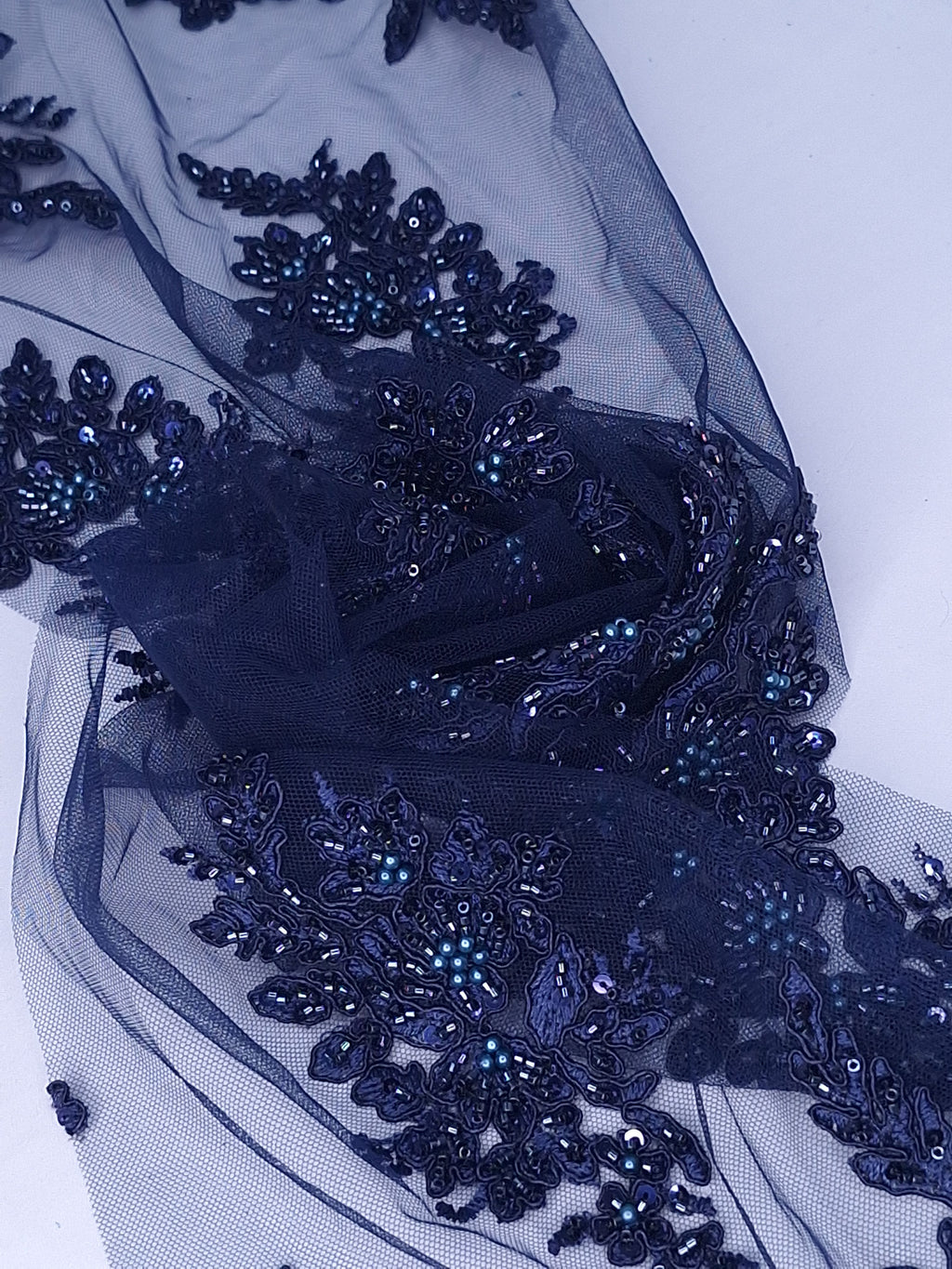 Tul bordado color Azul marino A982, ideal para vestidos de noche de boda y de XV años