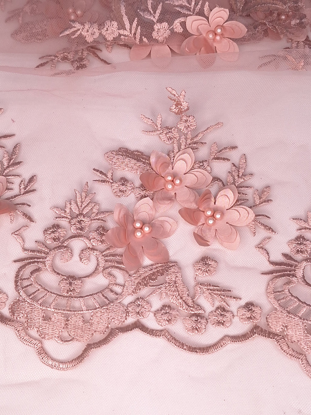 Tul bordado color rosa gold H139, ideal para vestidos de boda de noche y de XV años