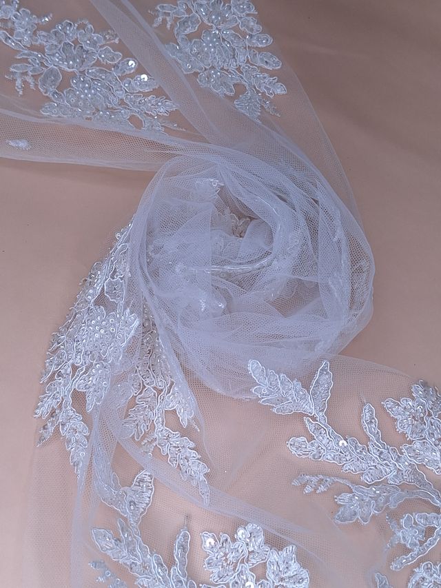 Tul bordado color blanco A982, ideal para vestidos de noche de boda y de XV años