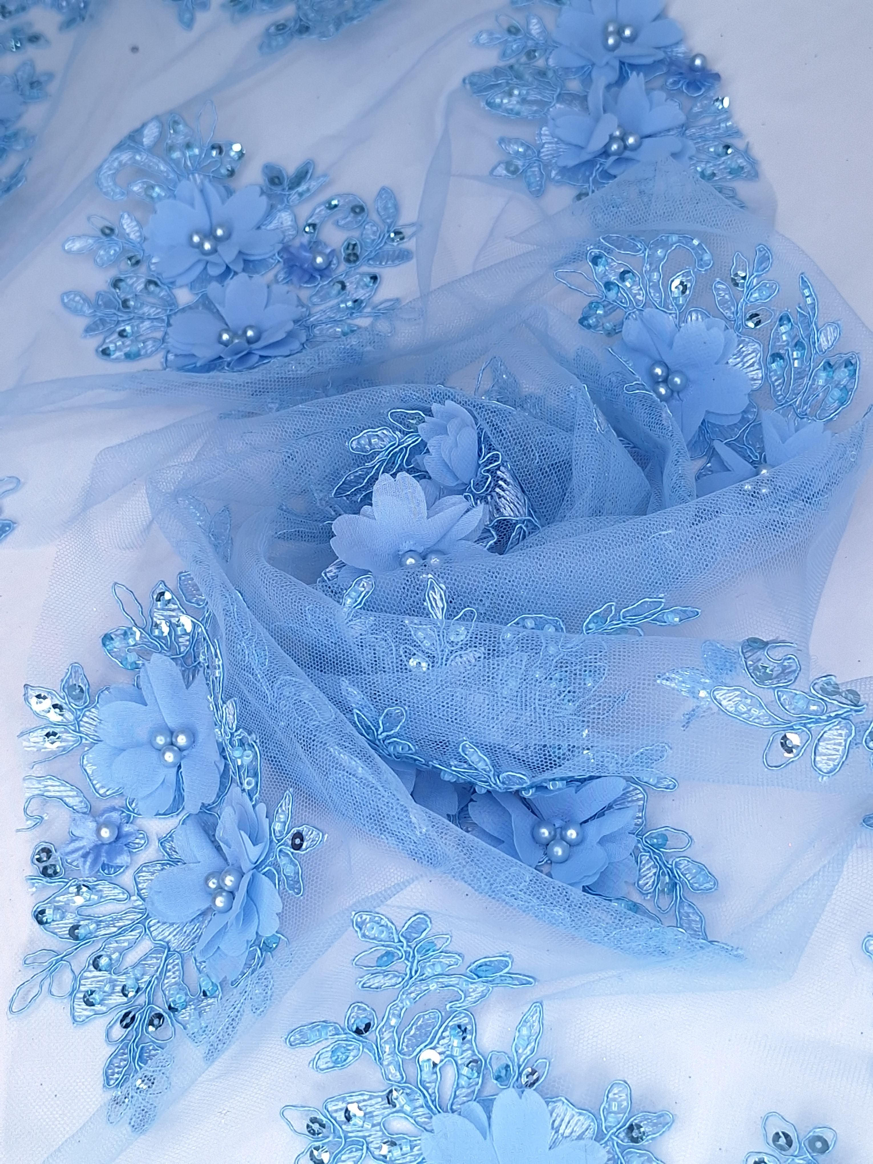 Tul bordado color cielo H163, ideal para vestidos de noche de boda y de XV años