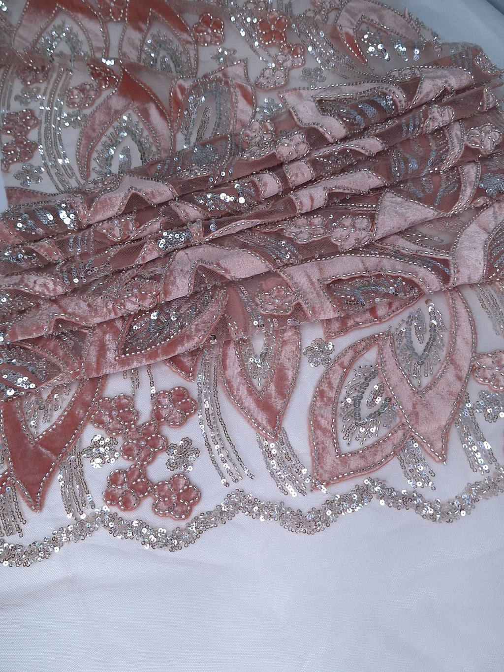Tul bordado color rosa H235, ideal para vestidos de noche de boda y de XV años