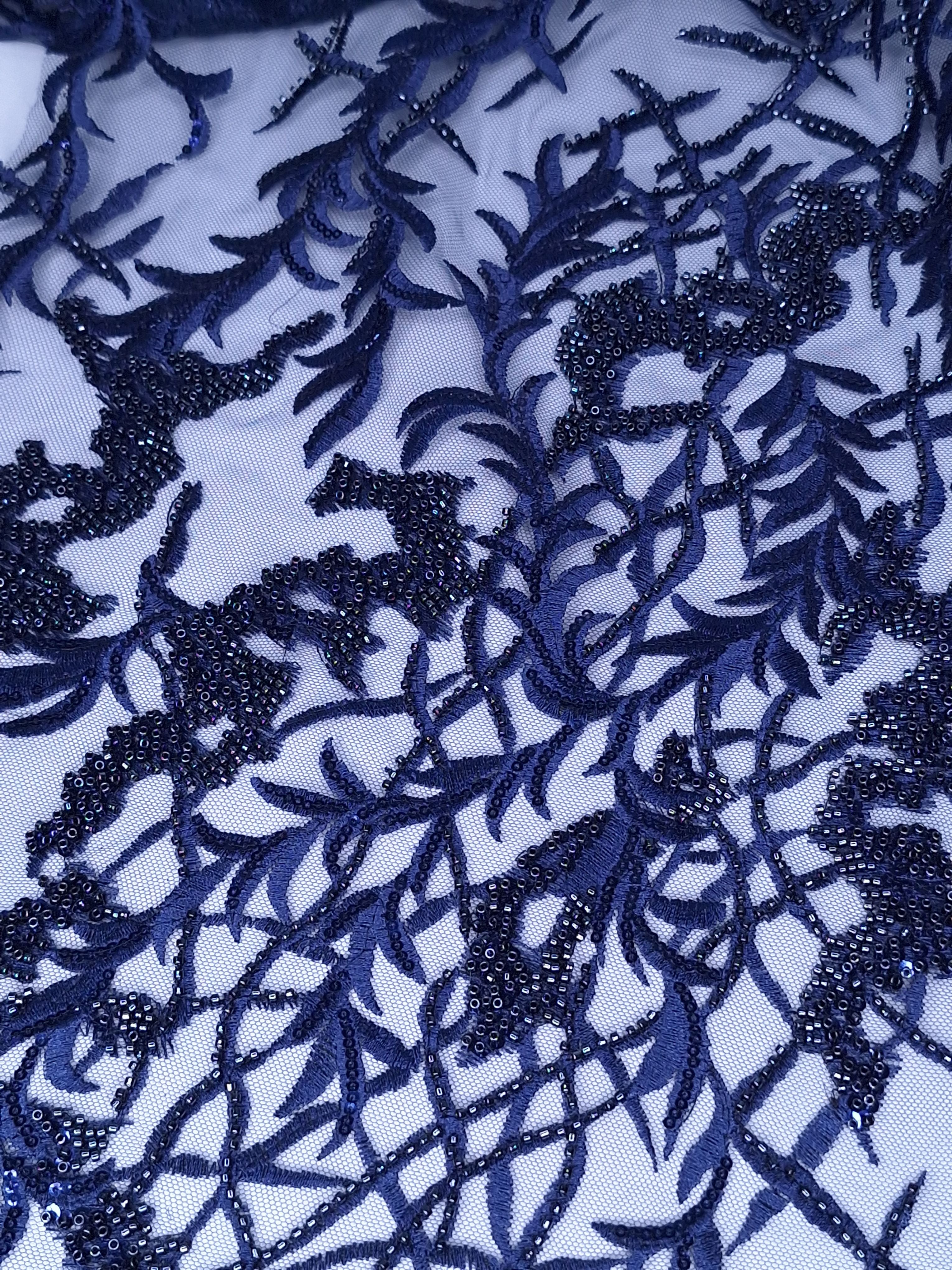 Tul bordado color azul marino A873, ideal para vestidos de noche de boda y de XV años