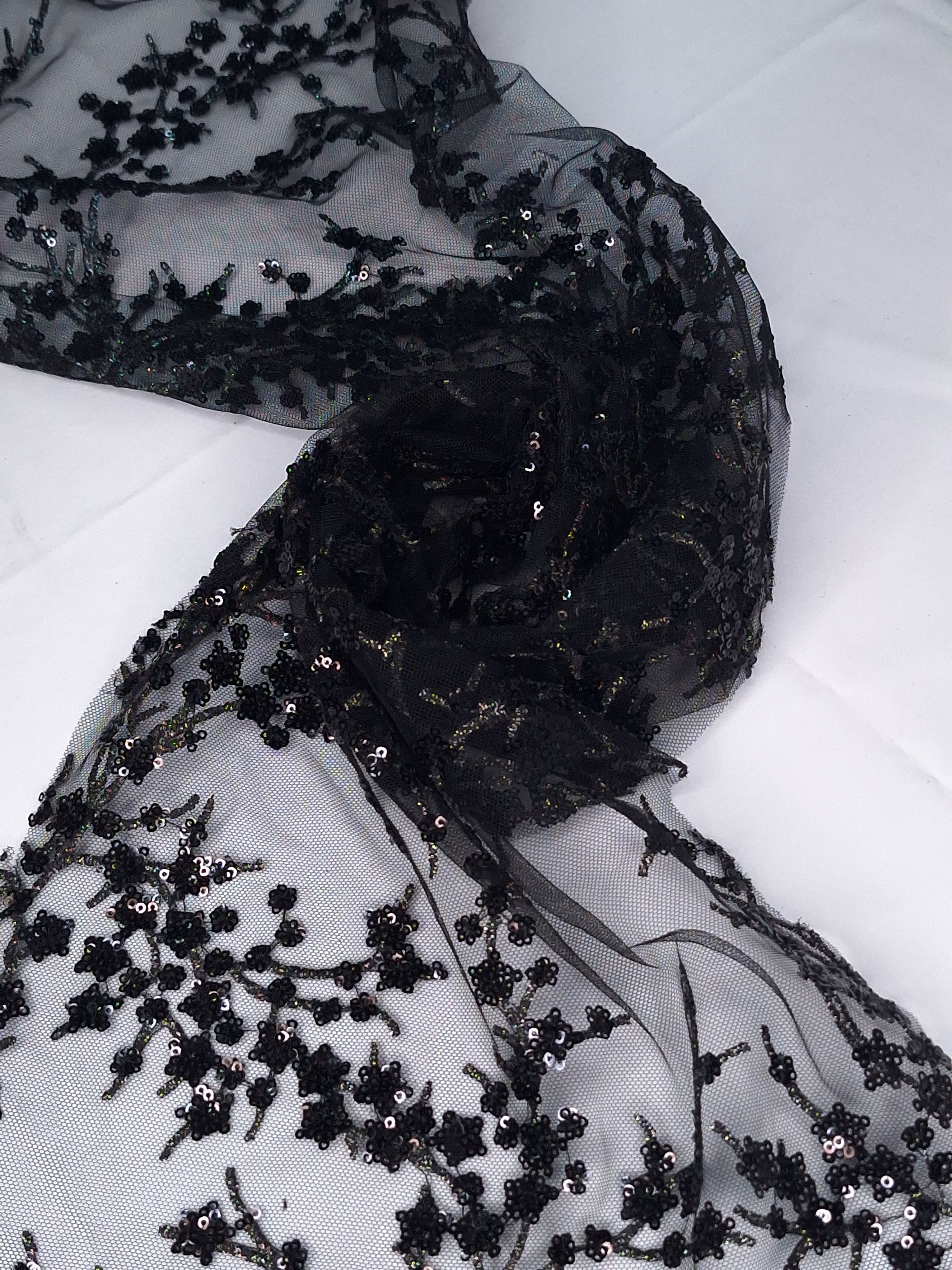 Tul bordado color negro A986, ideal para vestidos de noche de boda y de XV años