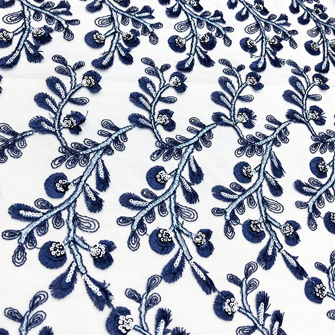 Tul bordado color azul marino A630, ideal para vestidos de noche de boda y de XV años