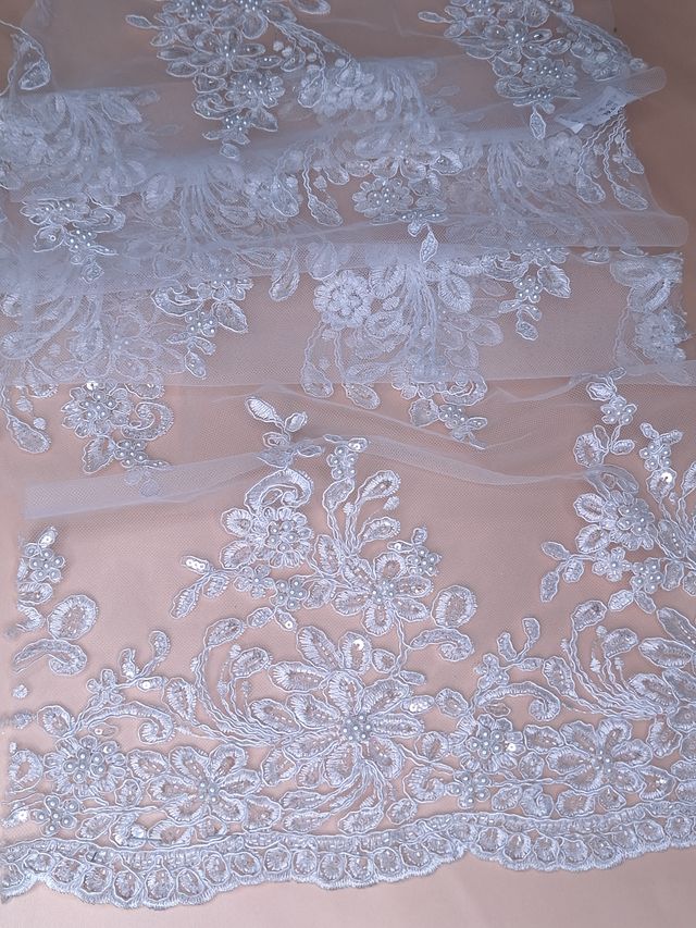 Tul bordado color blanco H017, ideal para vestidos de noche de boda y de XV años