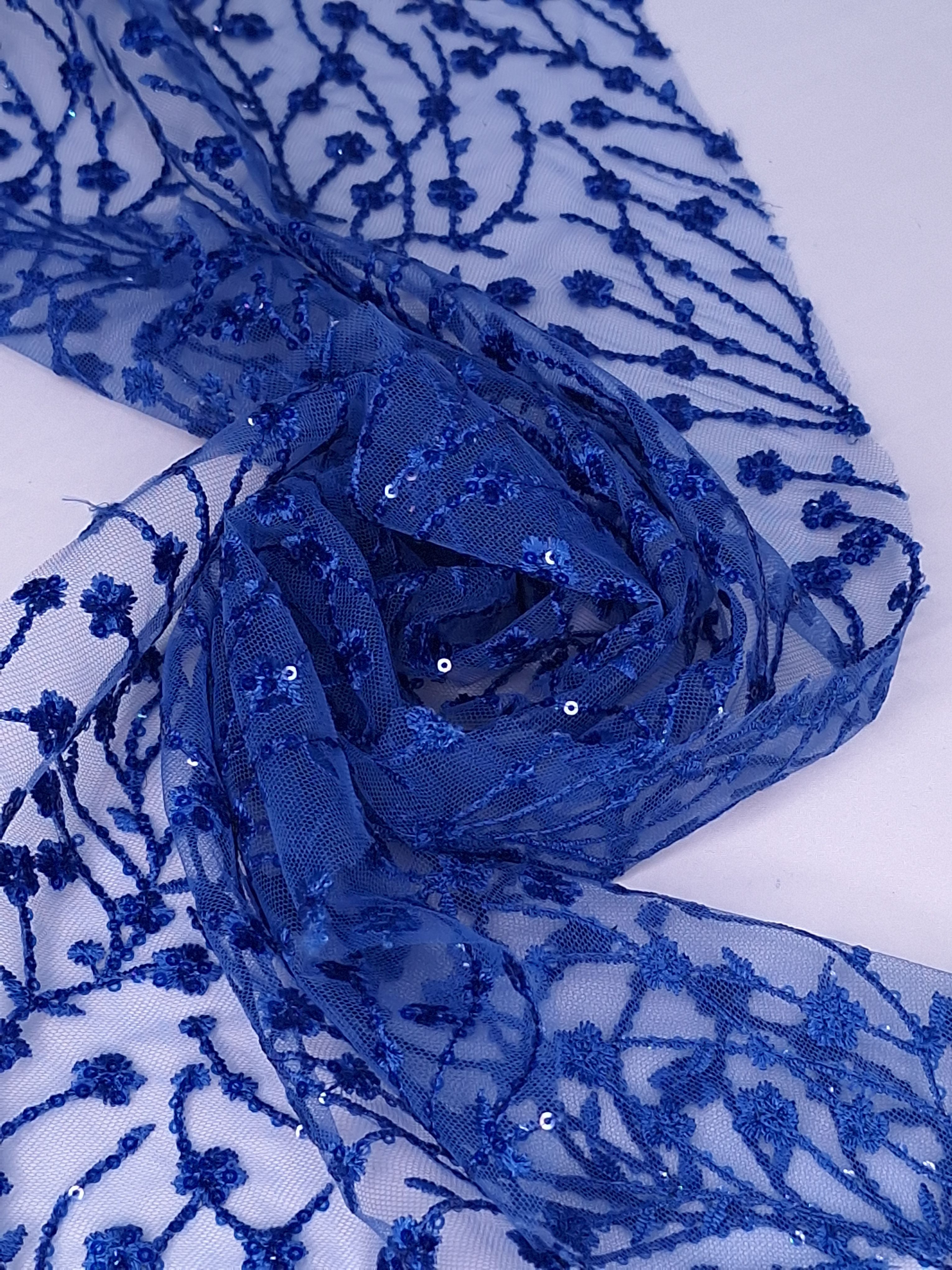 Tul bordado color azul rey H080, ideal para vestidos de noche de boda y de XV años