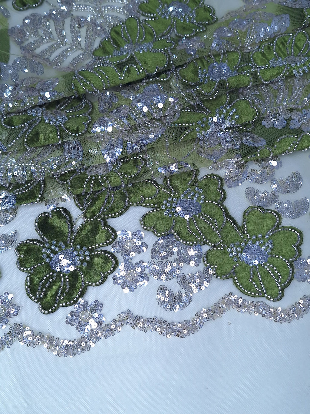 Tul bordado color verde H234, ideal para vestidos de noche de boda y de XV años