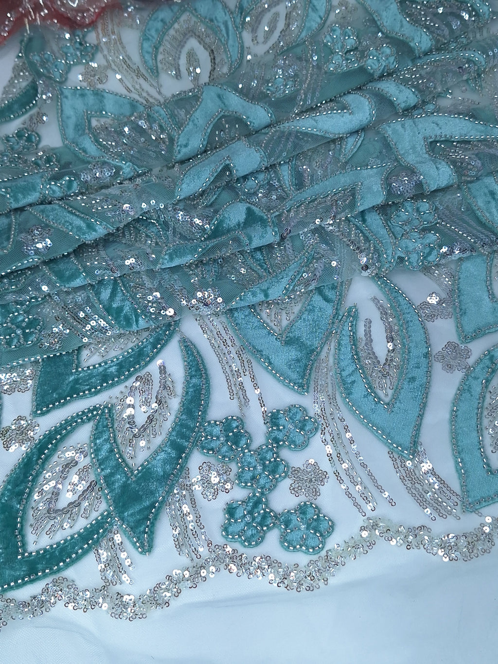 Tul bordado color menta HH235, ideal para vestidos de noche de boda y de XV años