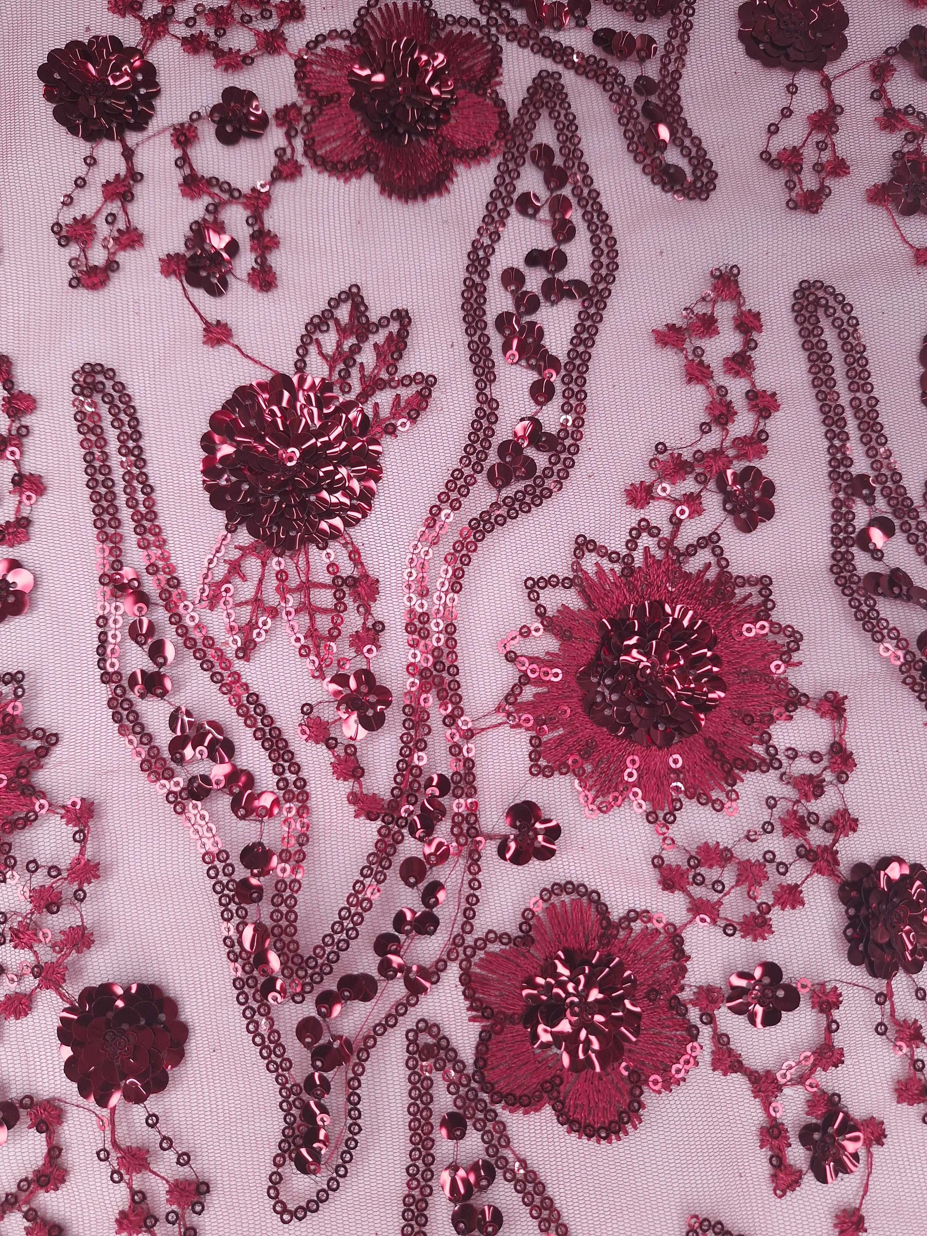 Tul bordado color vino H104, ideal para vestidos de noche de boda y de XV años