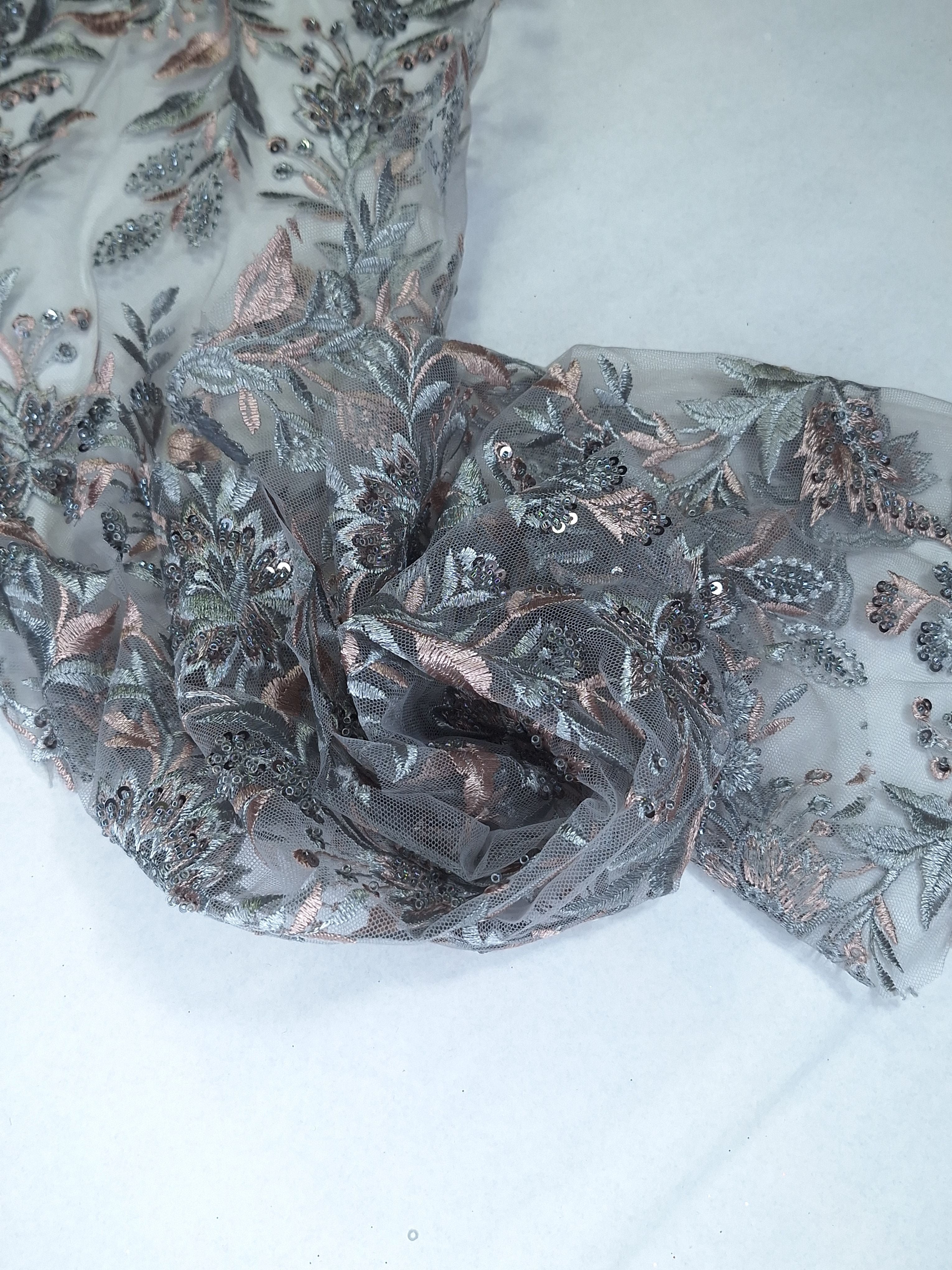 Tul bordado color ros agris A799, ideal para vestidos de noche de boda y de XV años