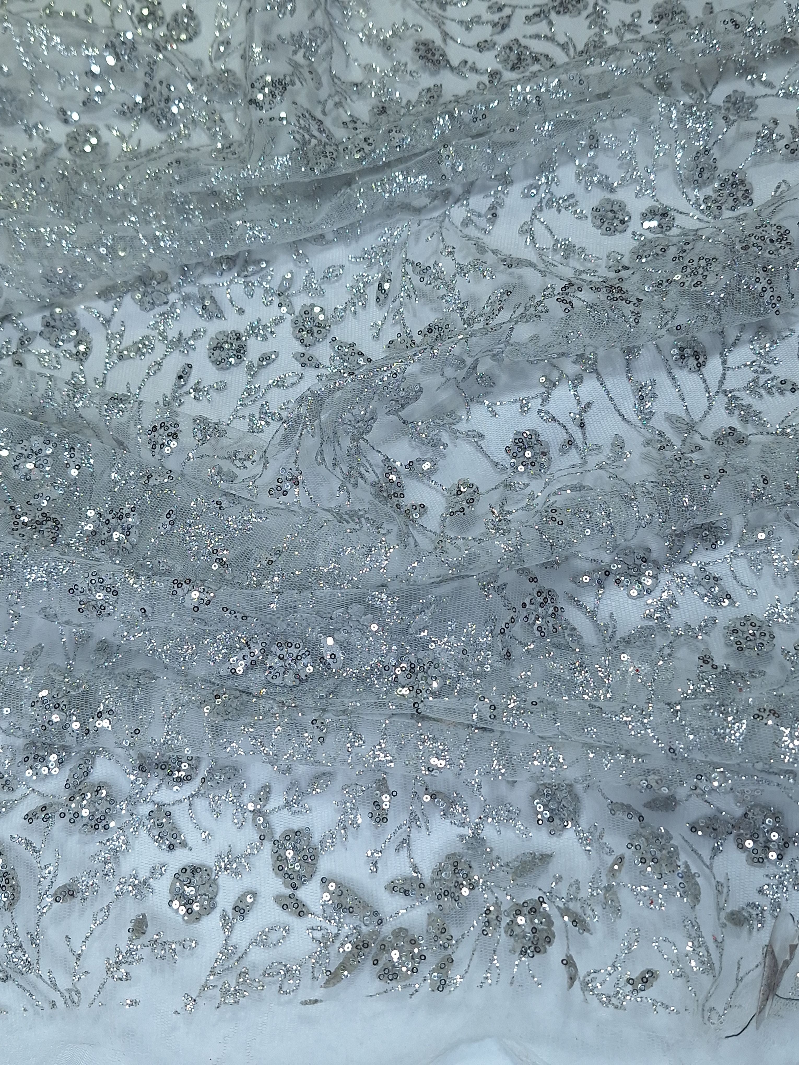 Tul bordado color plata H036, ideal para vestidos de noche de boda y de XV años