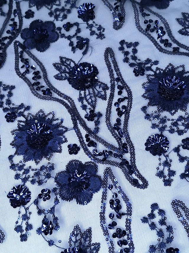 Tul bordado color azul marino HH104, ideal para vestidos de noche de boda y de XV años