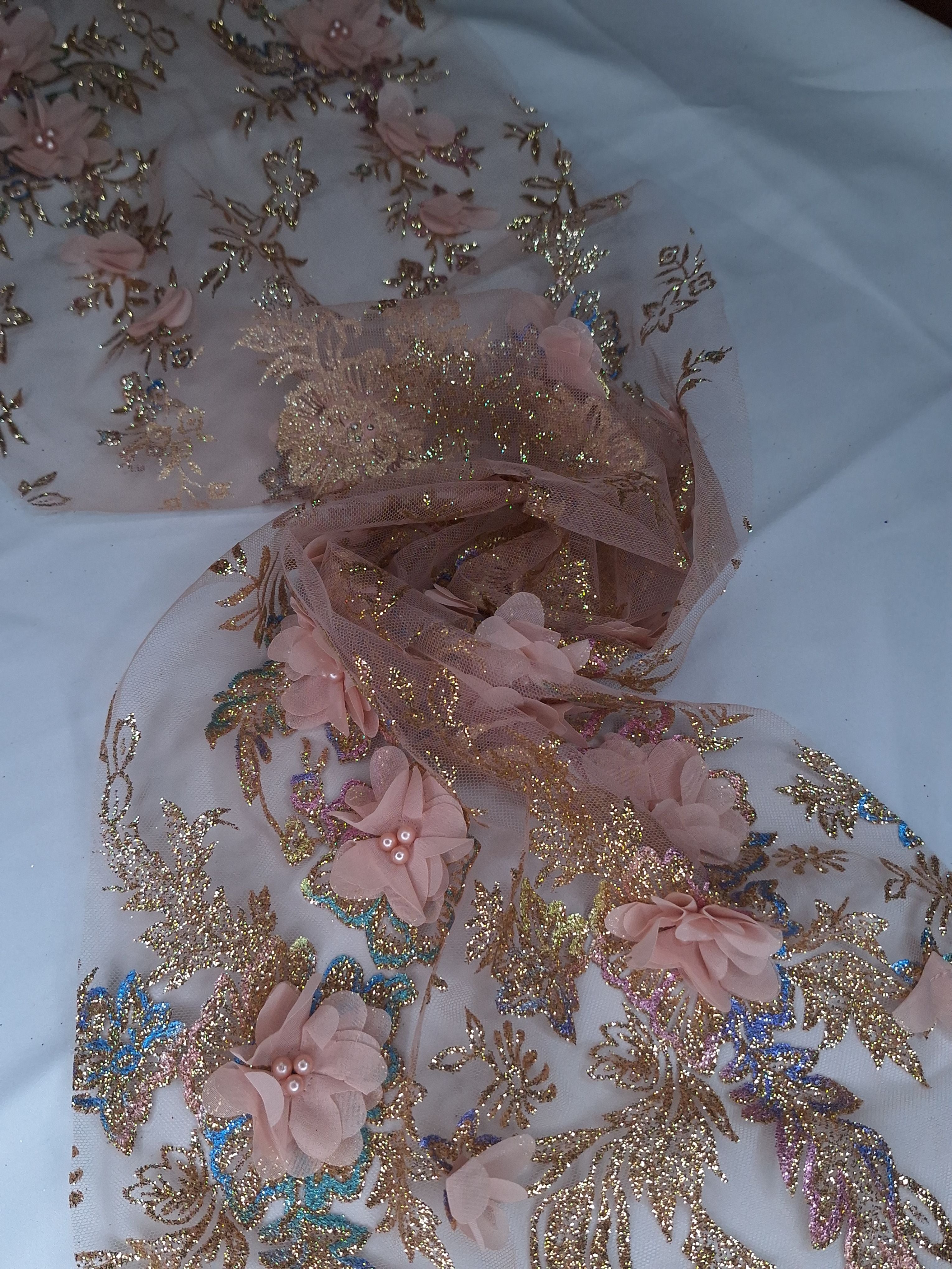 Tul bordado color carne H097, ideal para vestidos de noche de boda y de XV años