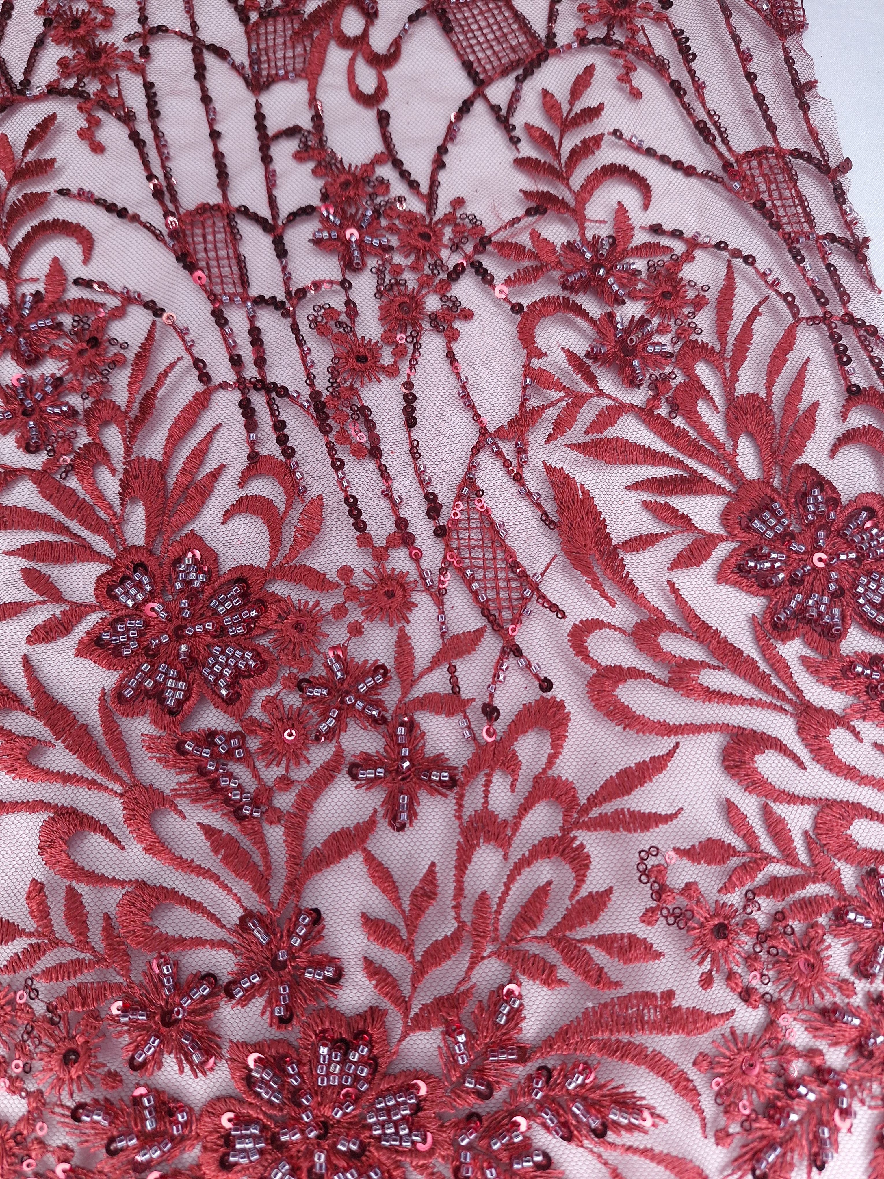 Tul bordado color vino A950, ideal para vestidos de noche de boda y de XV años