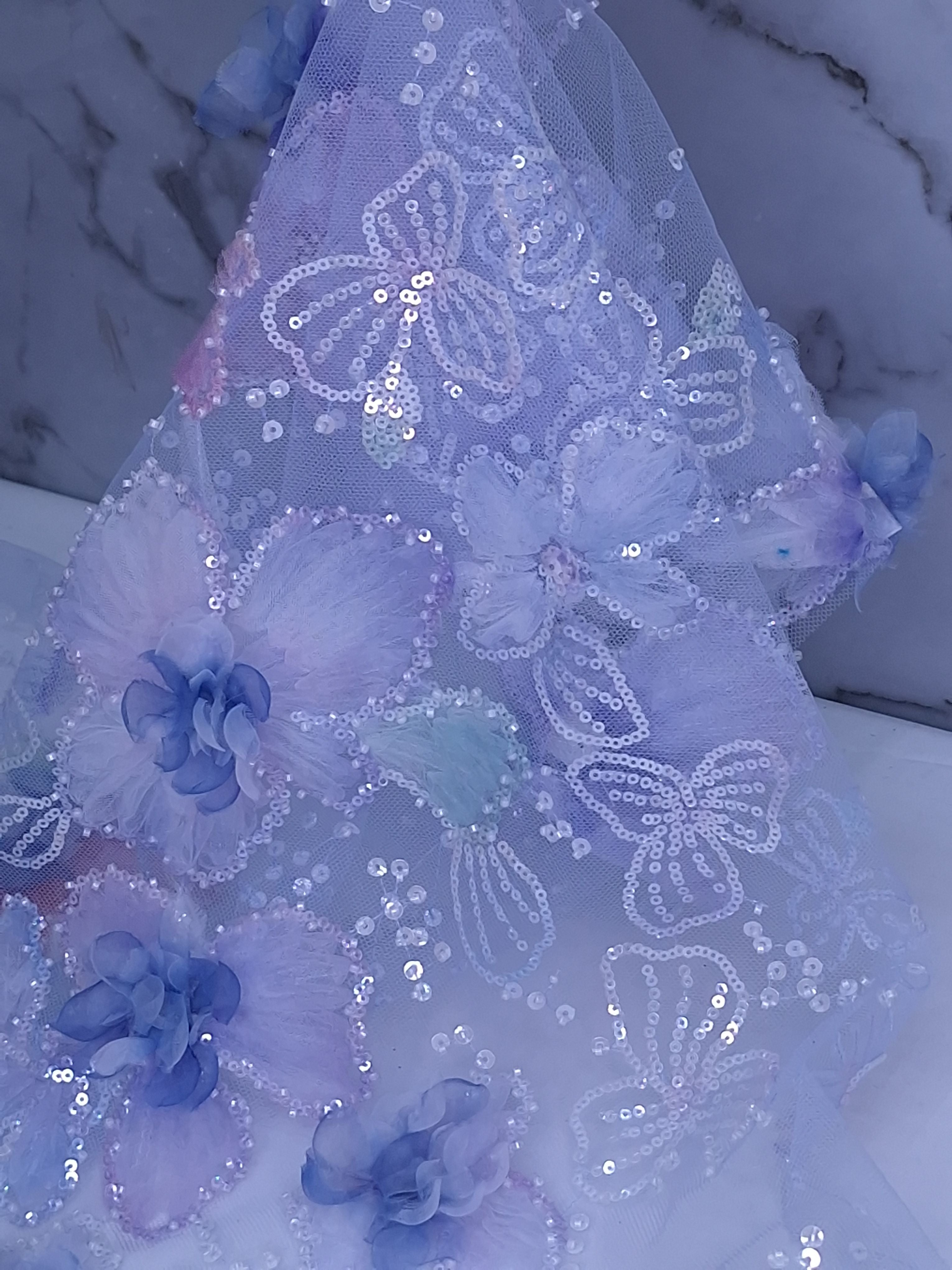 Tul bordado color azul H148, ideal para vestidos de noche de boda y de XV años