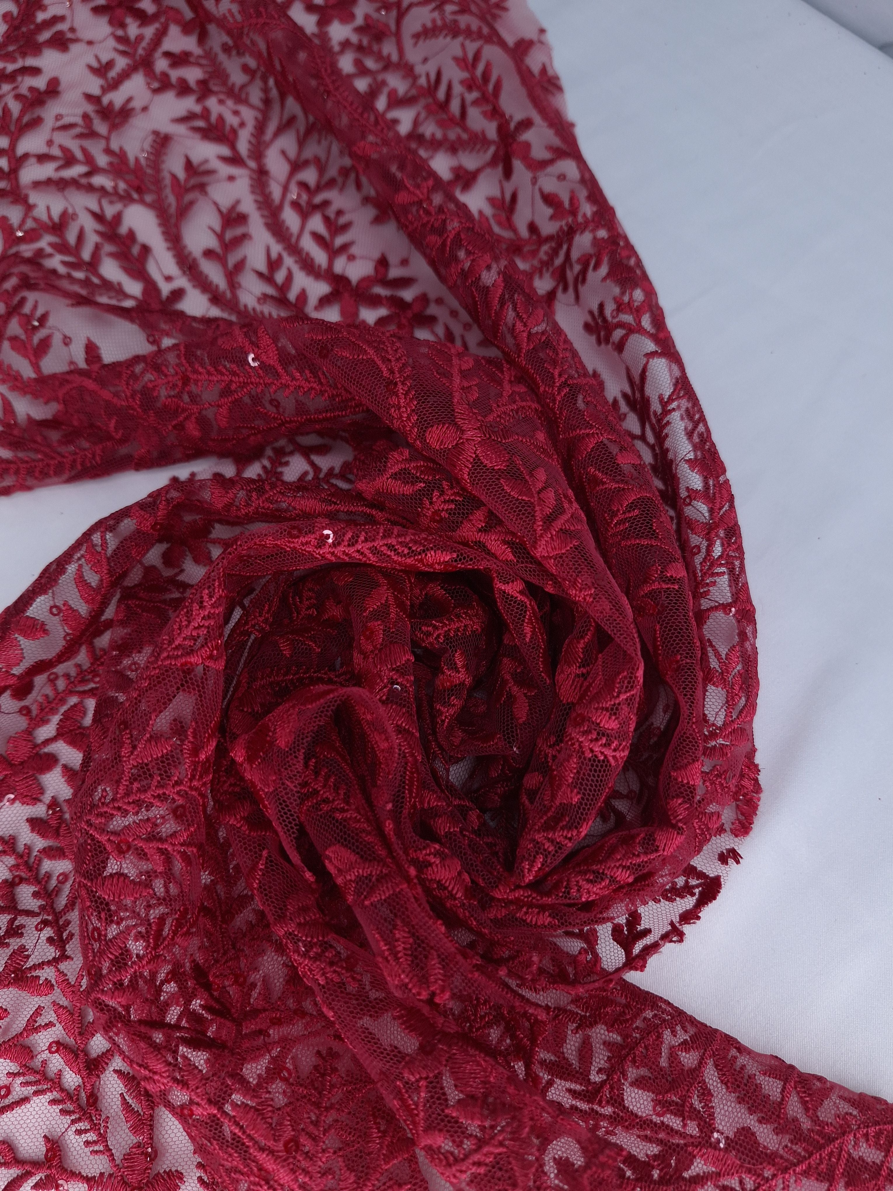 Tul bordado color vino H083, ideal para vestidos de noche de boda y de XV años