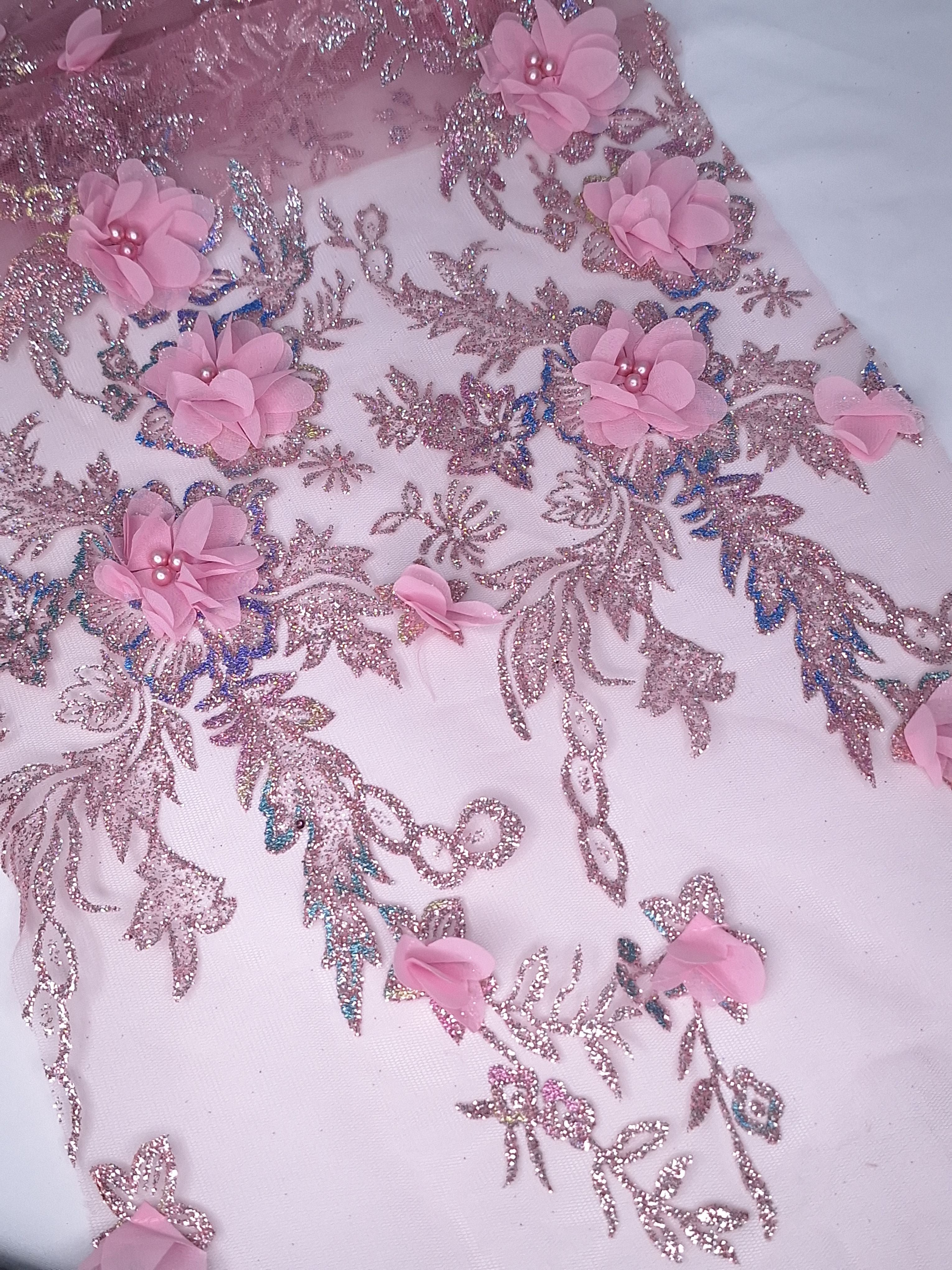 Tul bordado color palo de rosa H097, para vestidos de boda de noche y de ceremonia