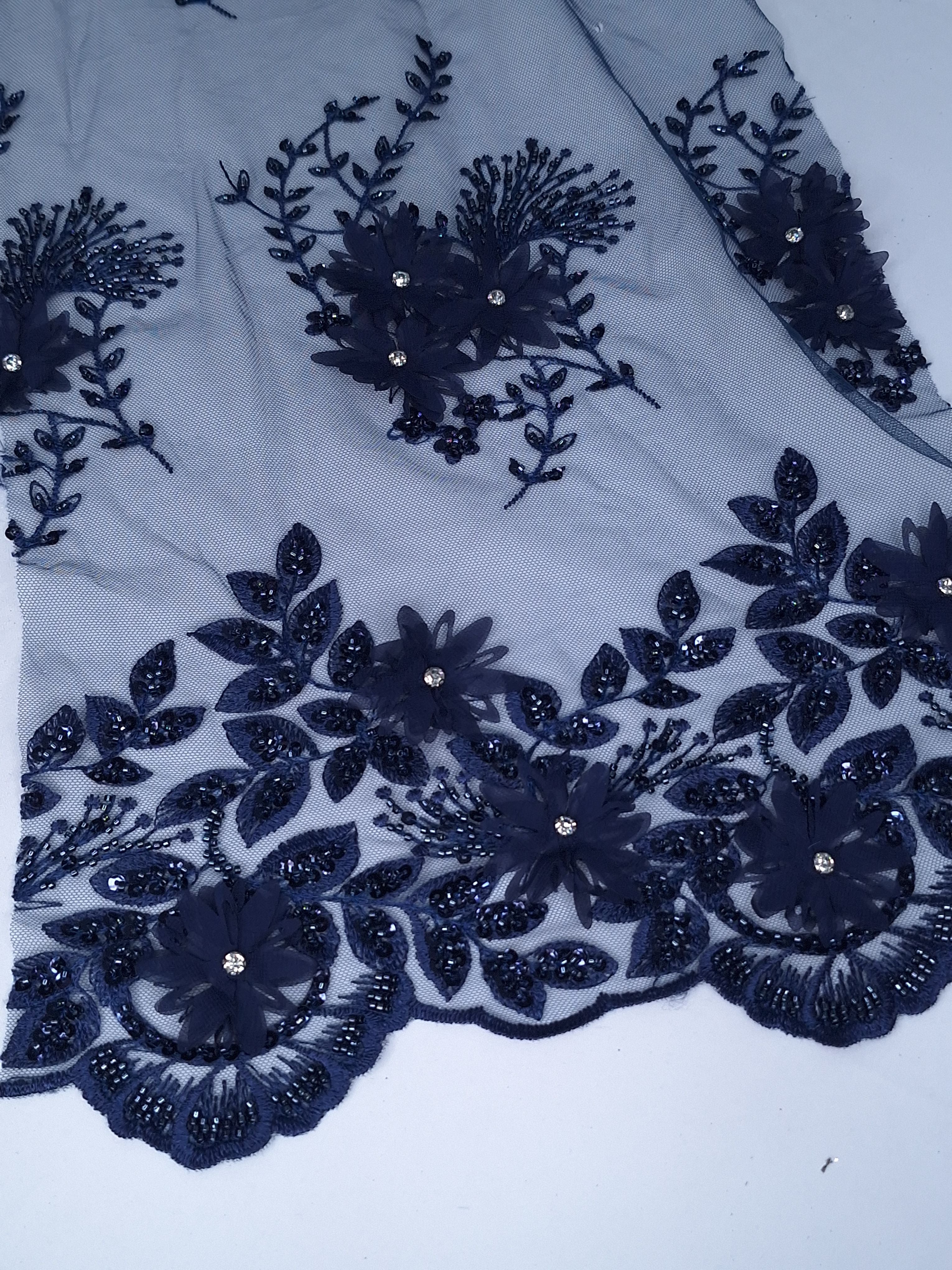 Tul bordado color azul marino H053, ideal para vestidos de noche de boda y de XV años