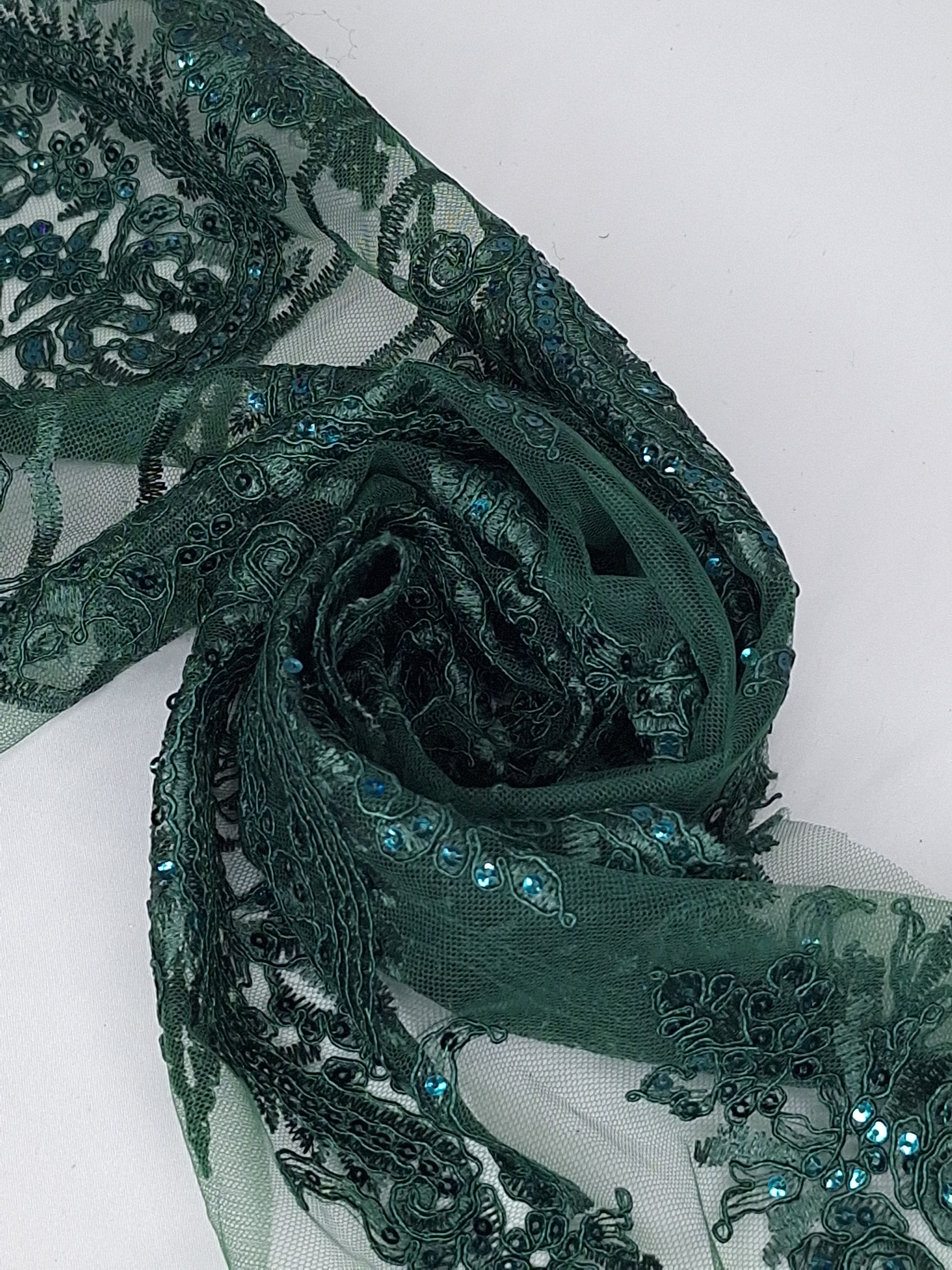 Tul bordado color botella H129, ideal para vestidos de noche de boda y de XV años