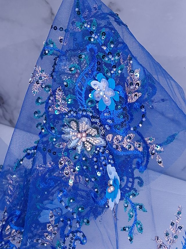 Tul bordado color Azul rey A974, ideal para vestidos de noche de boda y de XV años