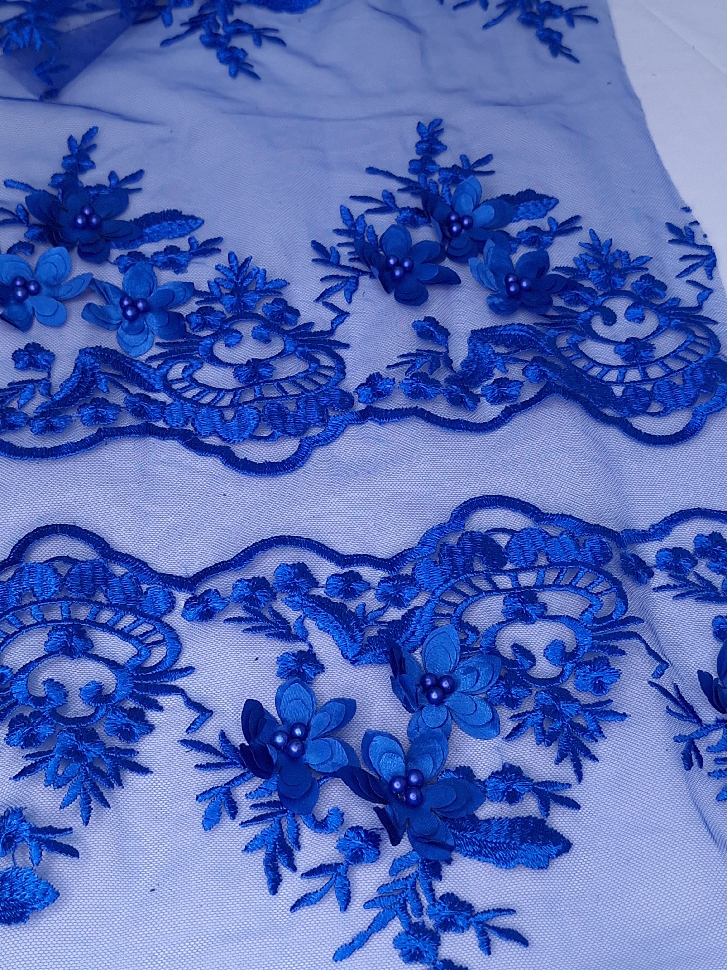 Tul bordado color azul rey H139, ideal para vestidos de noche de boda y de ceremonia