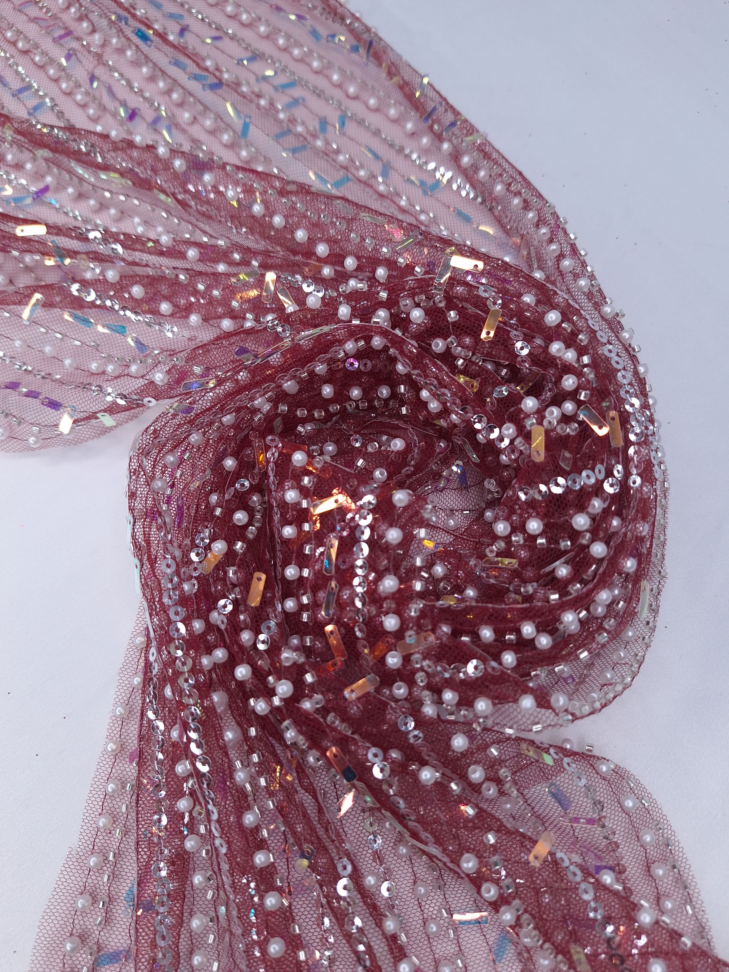 Tul bordado color vino H122, ideal para vestidos de noche de boda y de XV años