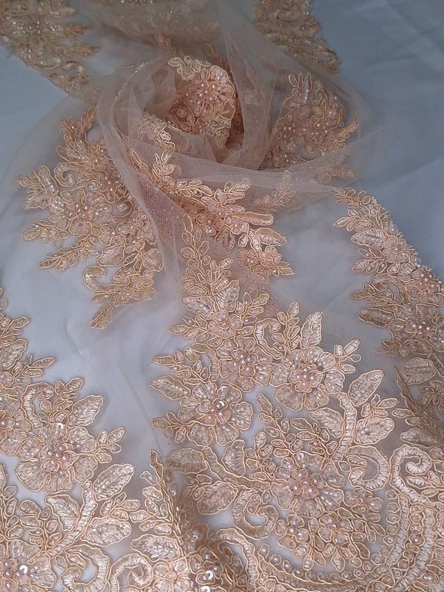 Tul bordado color nude A948, ideal para vestidos de noche de boda y de XV años