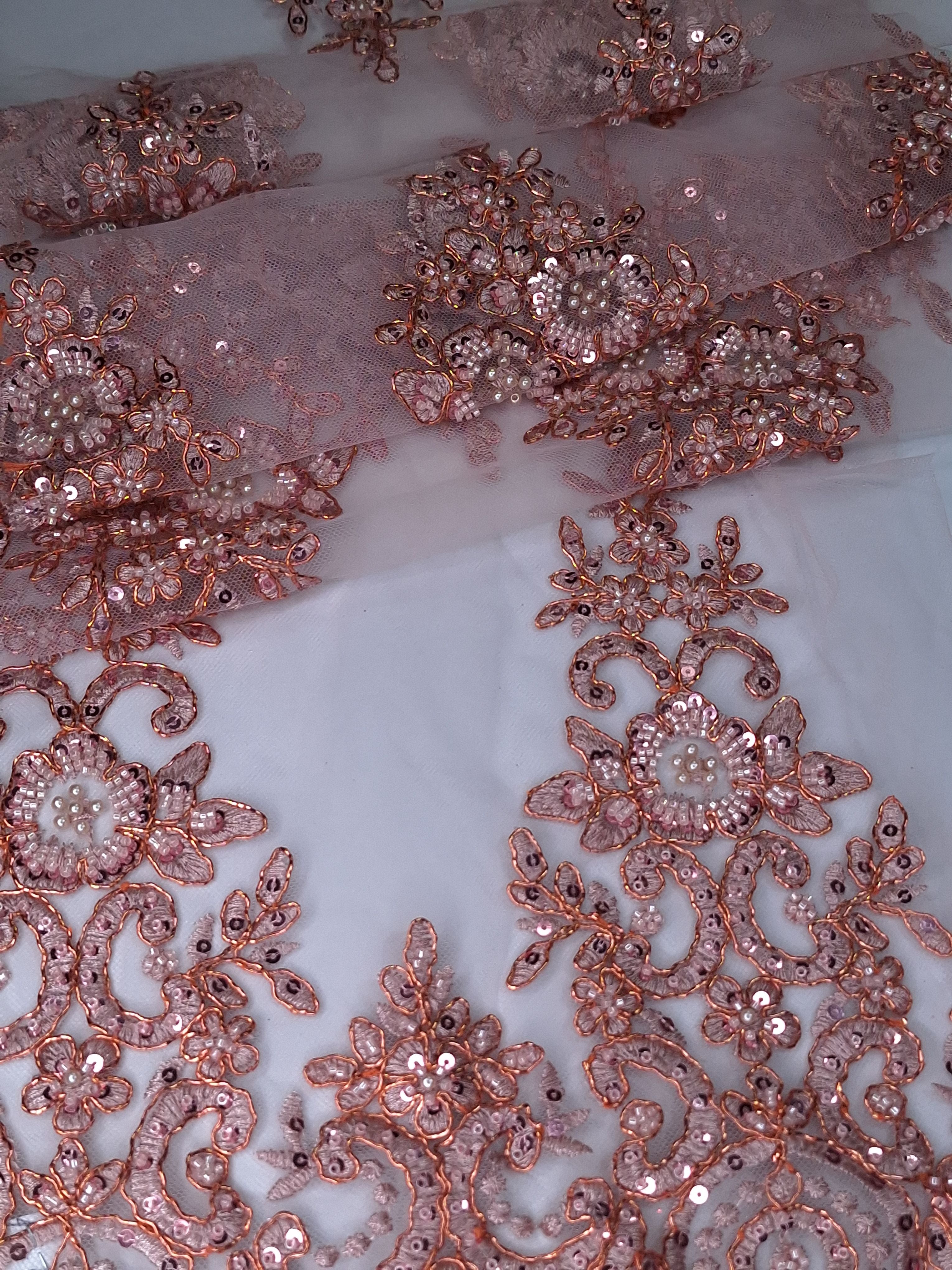 Tul bordado color coral A981, ideal para vestidos de noche de boda y de XV años