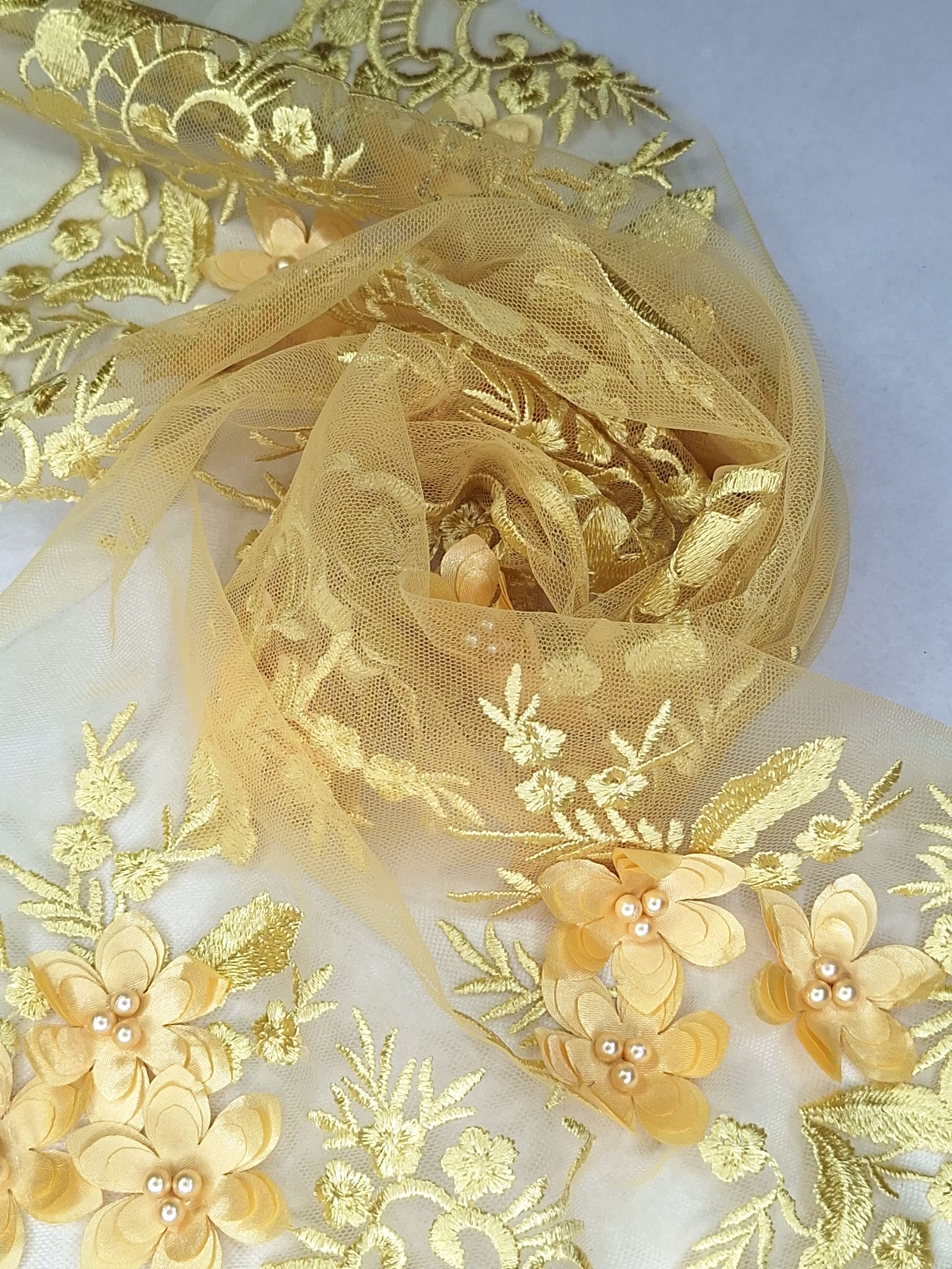 Tul bordado color amarillo H139, ideal para vestidos de noche de boda y de XV años