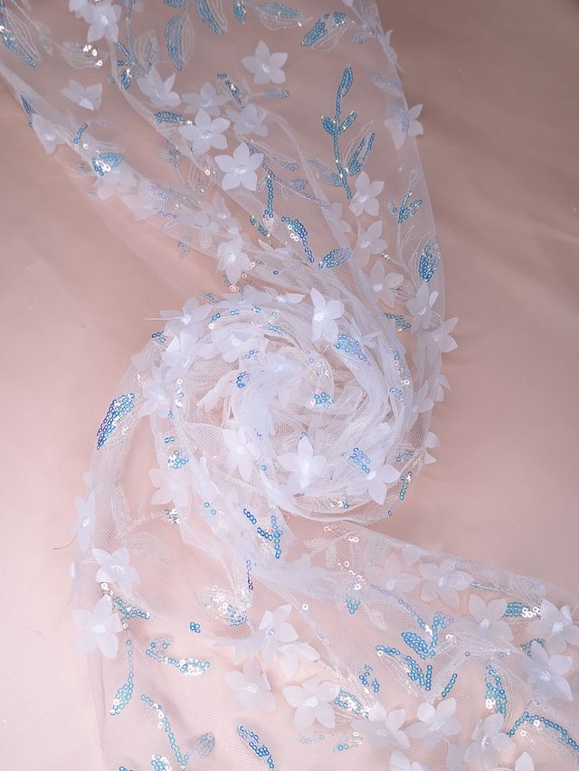 Tul bordado color blanco H103, ideal para vestidos de noche de boda y de XV años