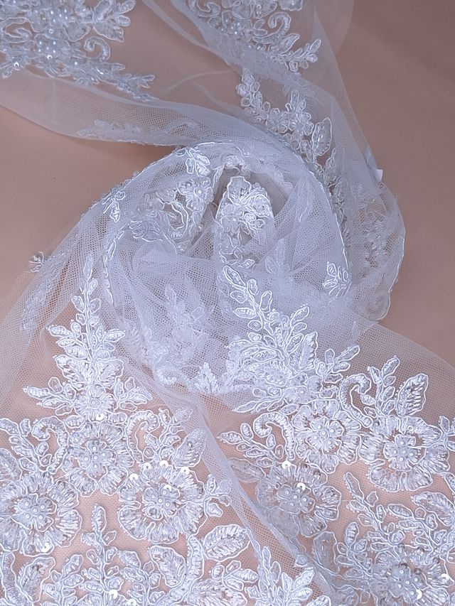 Tul bordado color blanco A948, ideal para vestidos de noche de boda y de XV años
