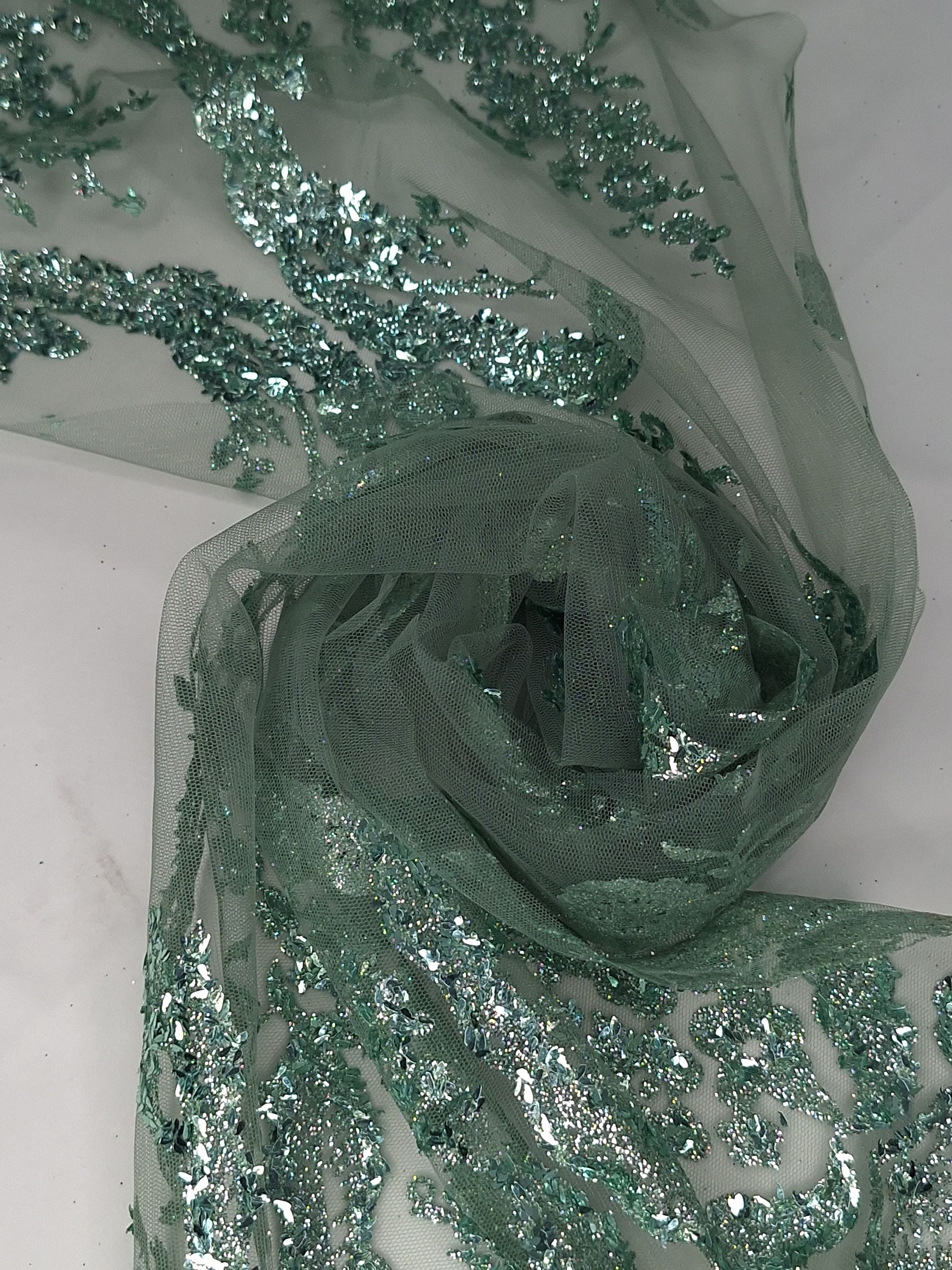 Tul bordado color verde H096, ideal para vestidos de noche de boda y de XV años