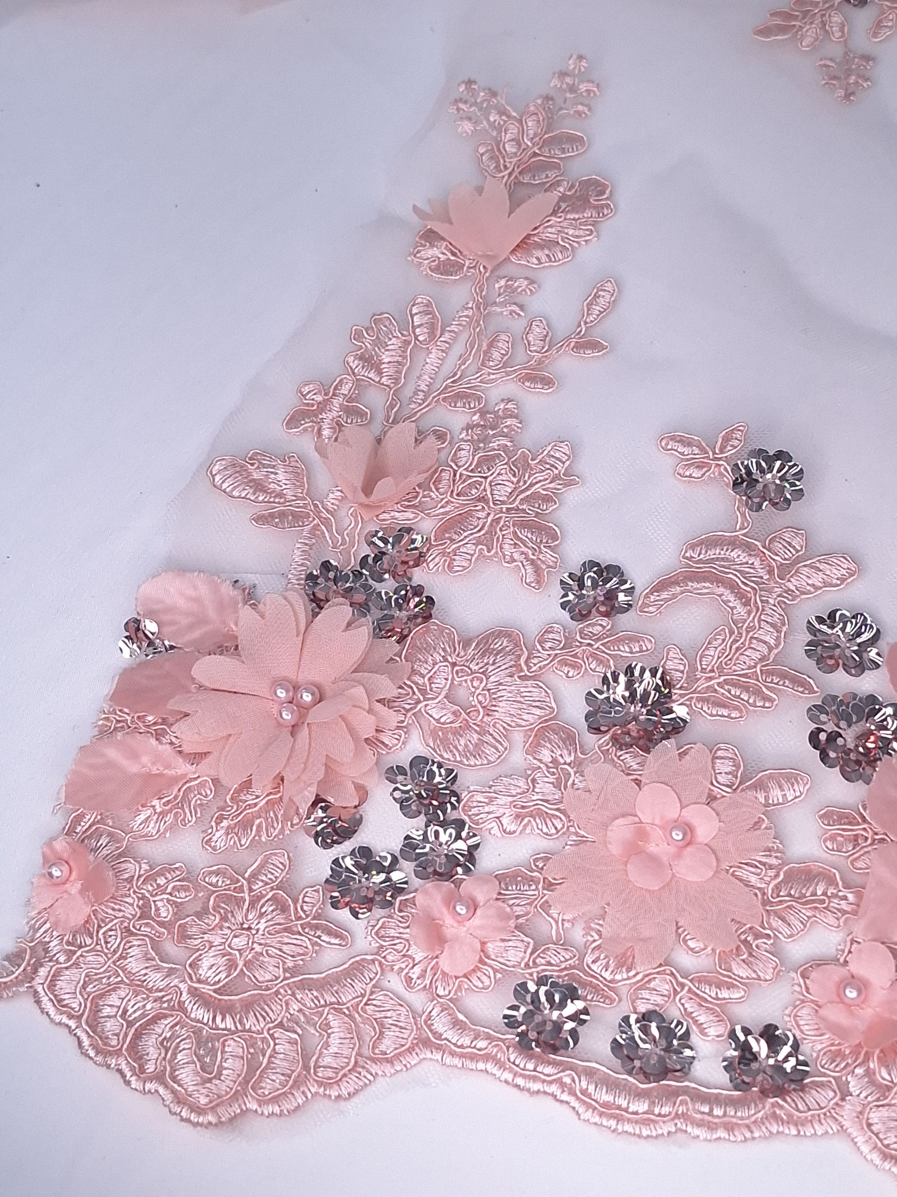 Tul bordado color blush coral H134, para vestidos de noche de boda y de ceremonia
