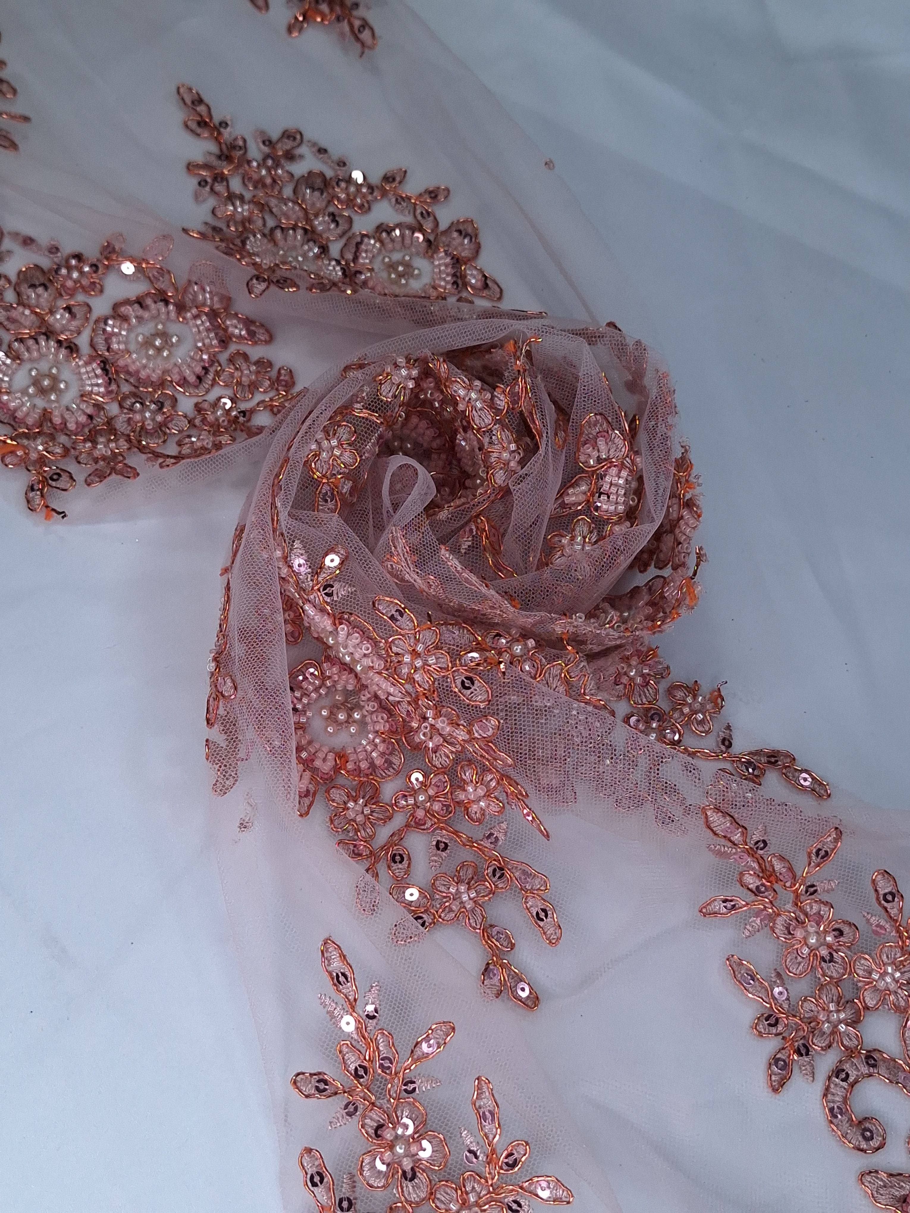 Tul bordado color coral A981, ideal para vestidos de noche de boda y de XV años