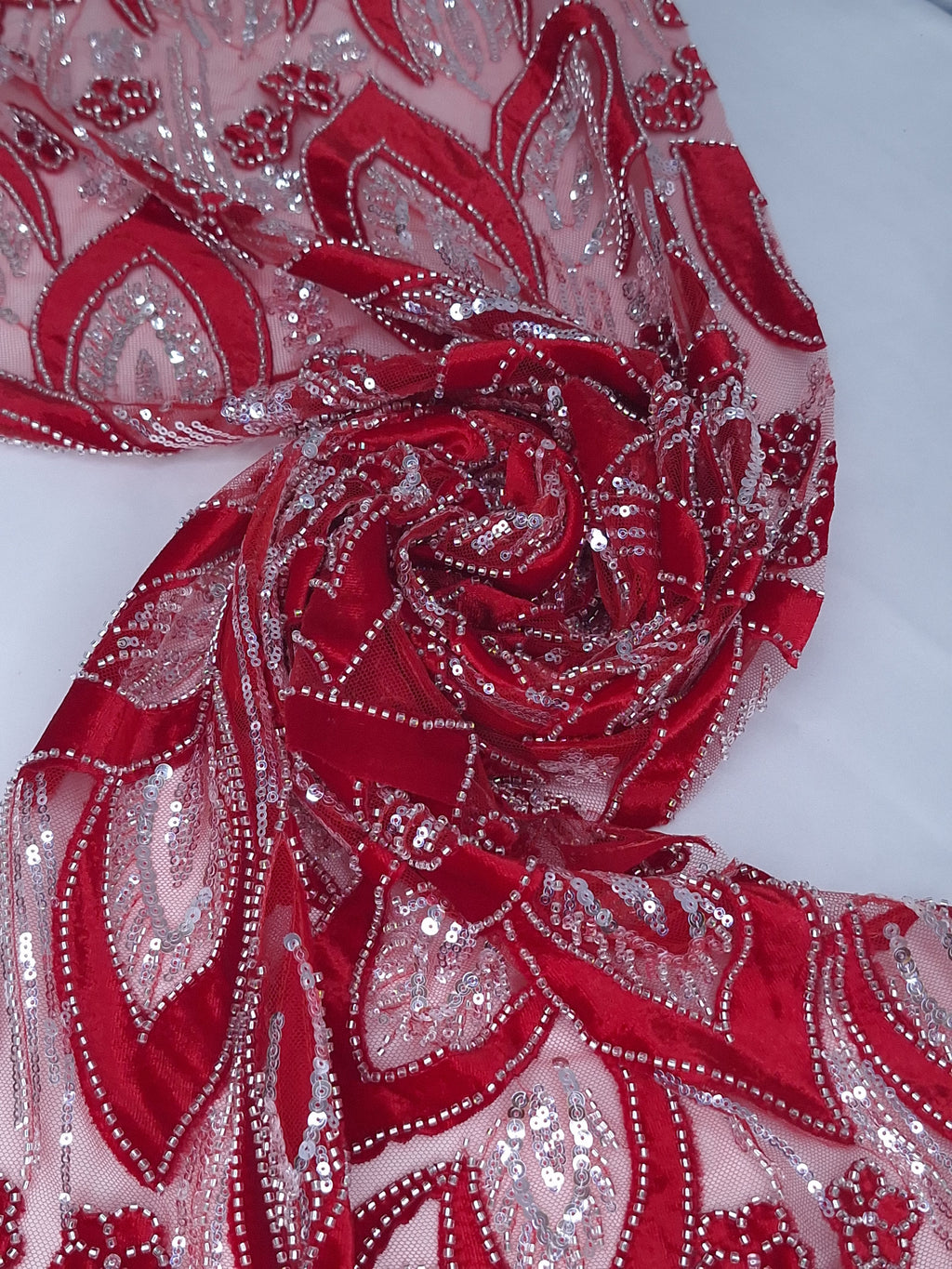 Tul bordado color rojo HH235, ideal para vestidos de noche de boda y de XV años