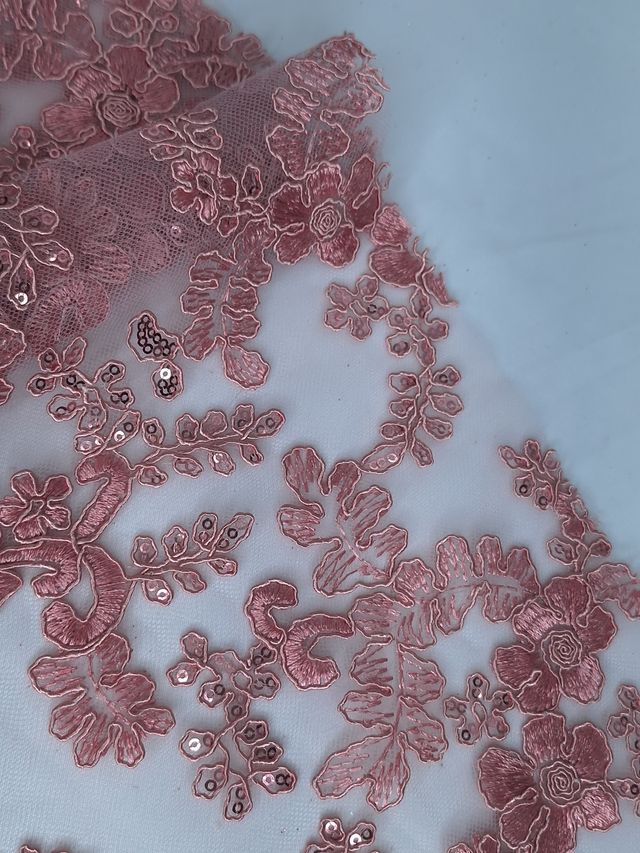 Tul bordado color rosa palo H165, ideal para vestidos de noche de boda y de XV años