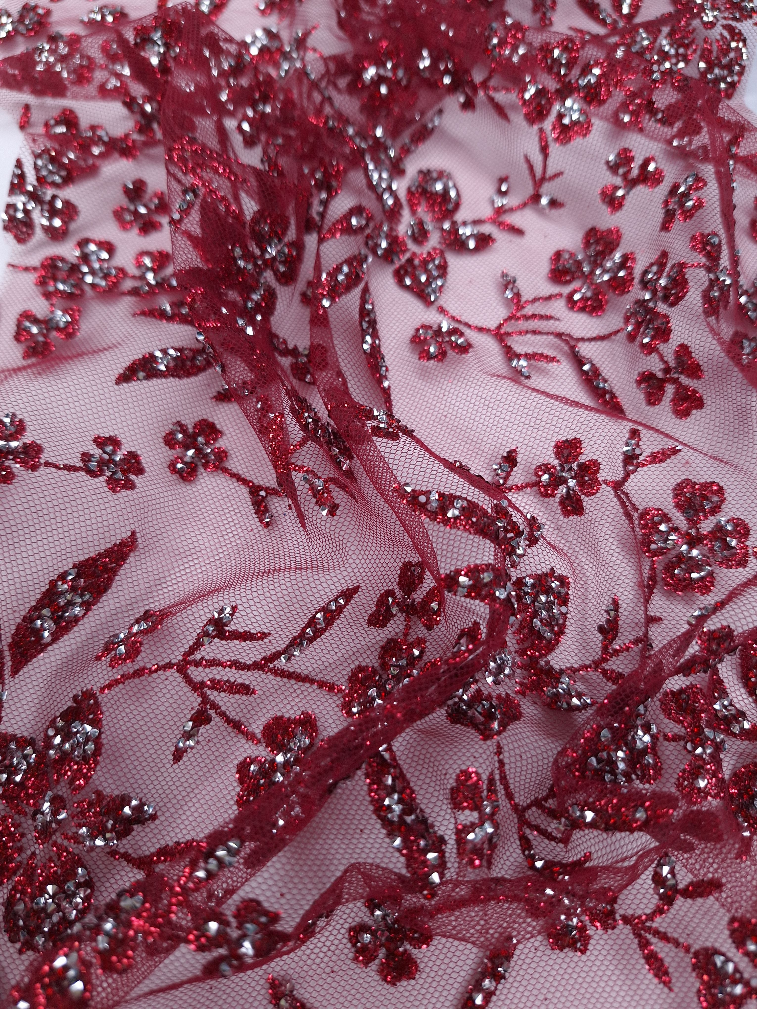 Tul bordado color vino H125, ideal para vestidos de noche de boda y de XV años