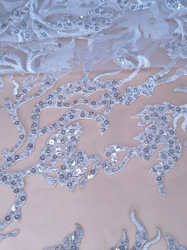 Tul bordado color blanco A946, ideal para vestidos de noche de boda y de XV Años