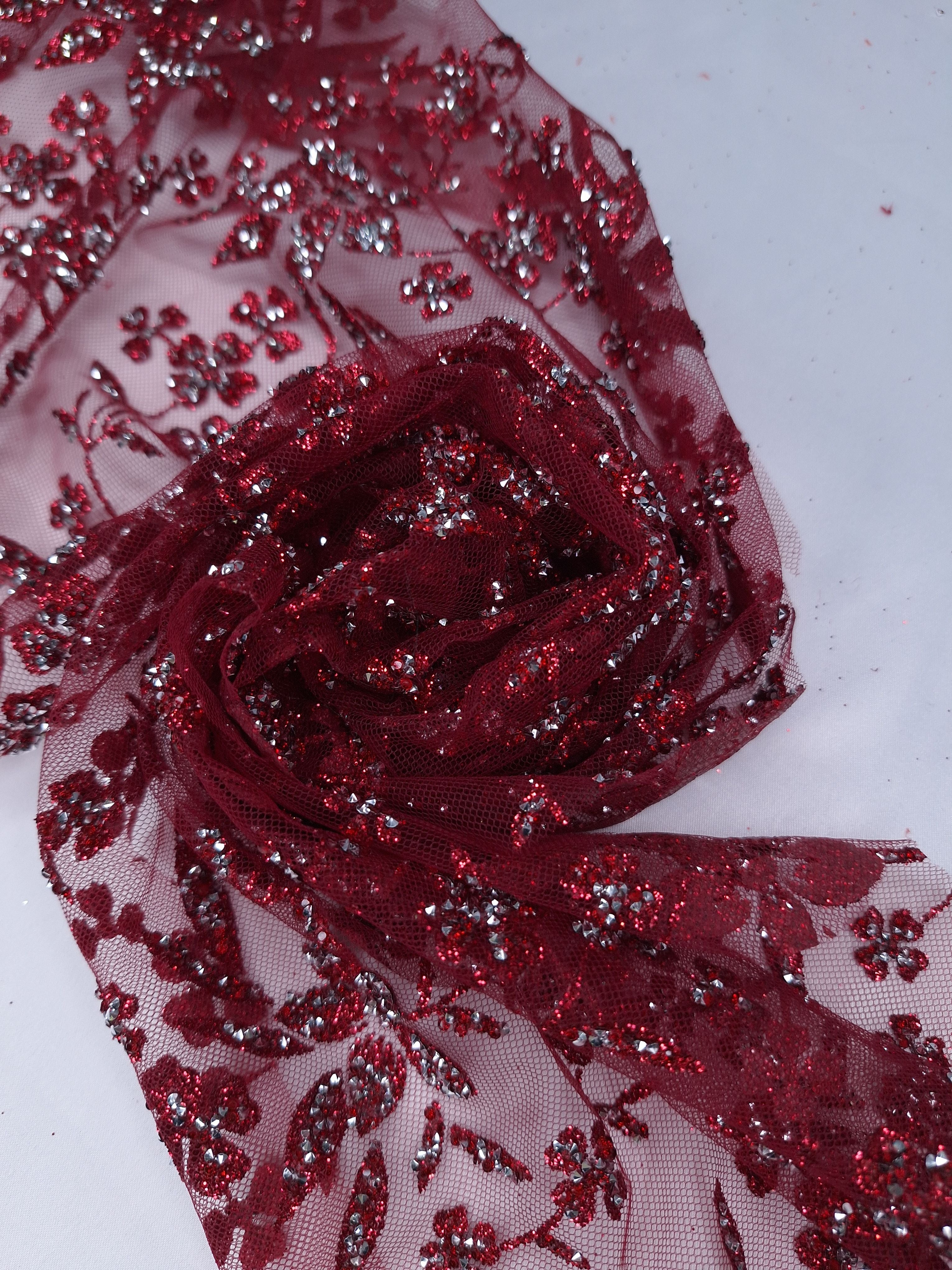 Tul bordado color vino H125, ideal para vestidos de noche de boda y de XV años