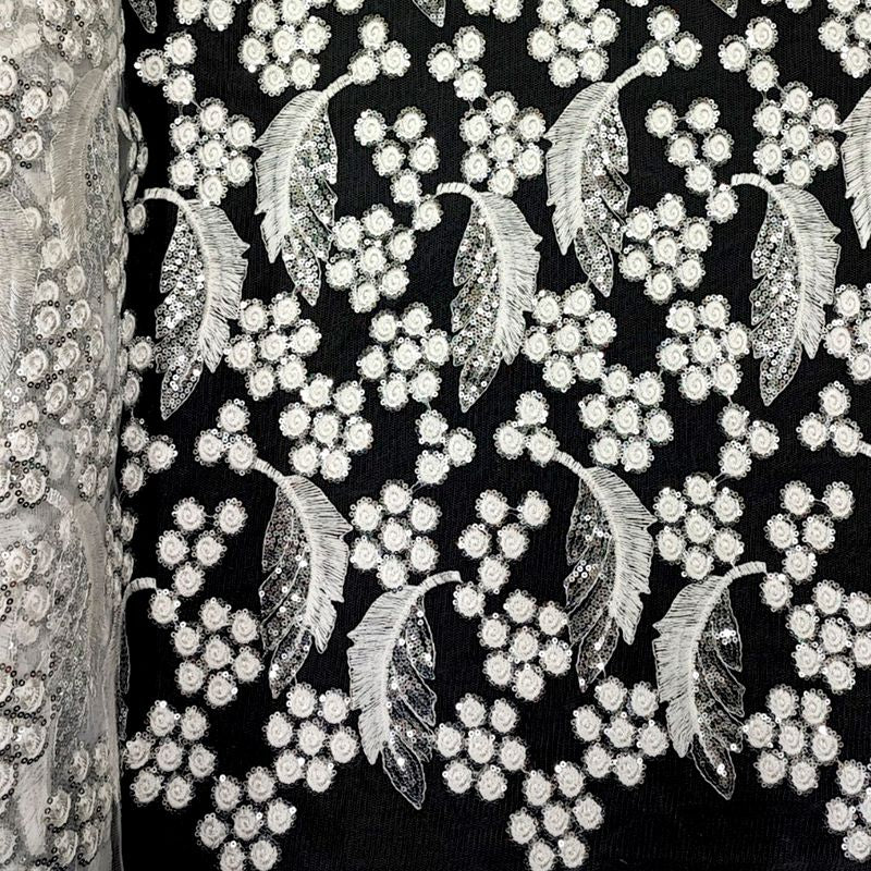 Tul bordado color blanco Plata A791, ideal para vestidos de noche de boda y de XV años