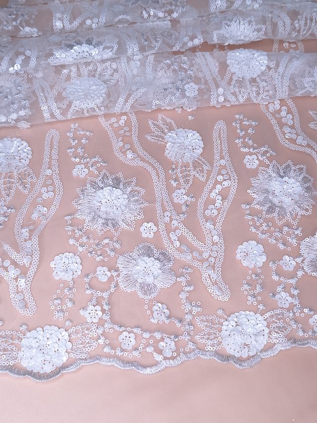 Tul bordado color blanco H104, ideal para vestidos de noche de boda y de XV años