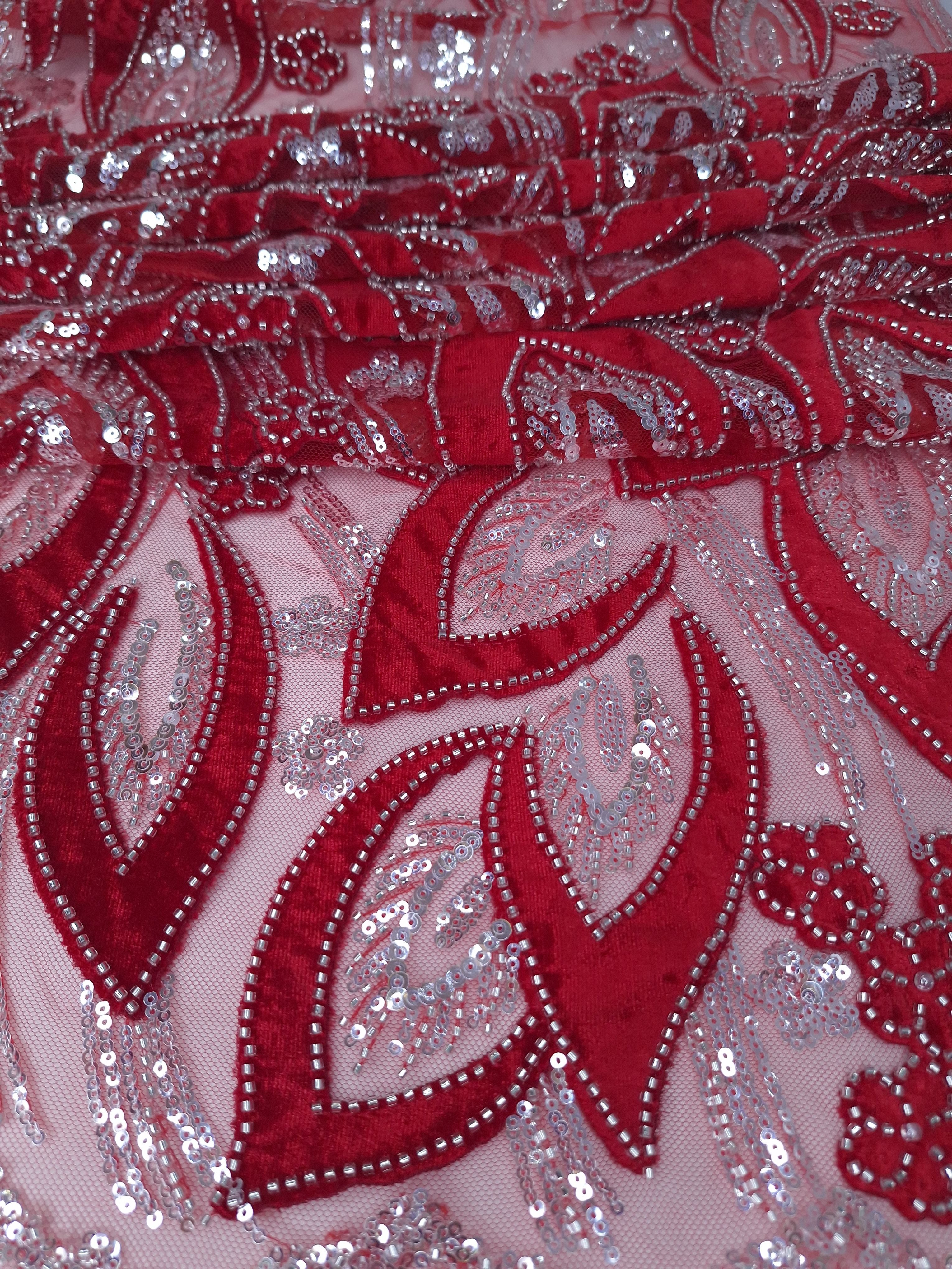 Tul bordado color rojo HH235, ideal para vestidos de noche de boda y de XV años