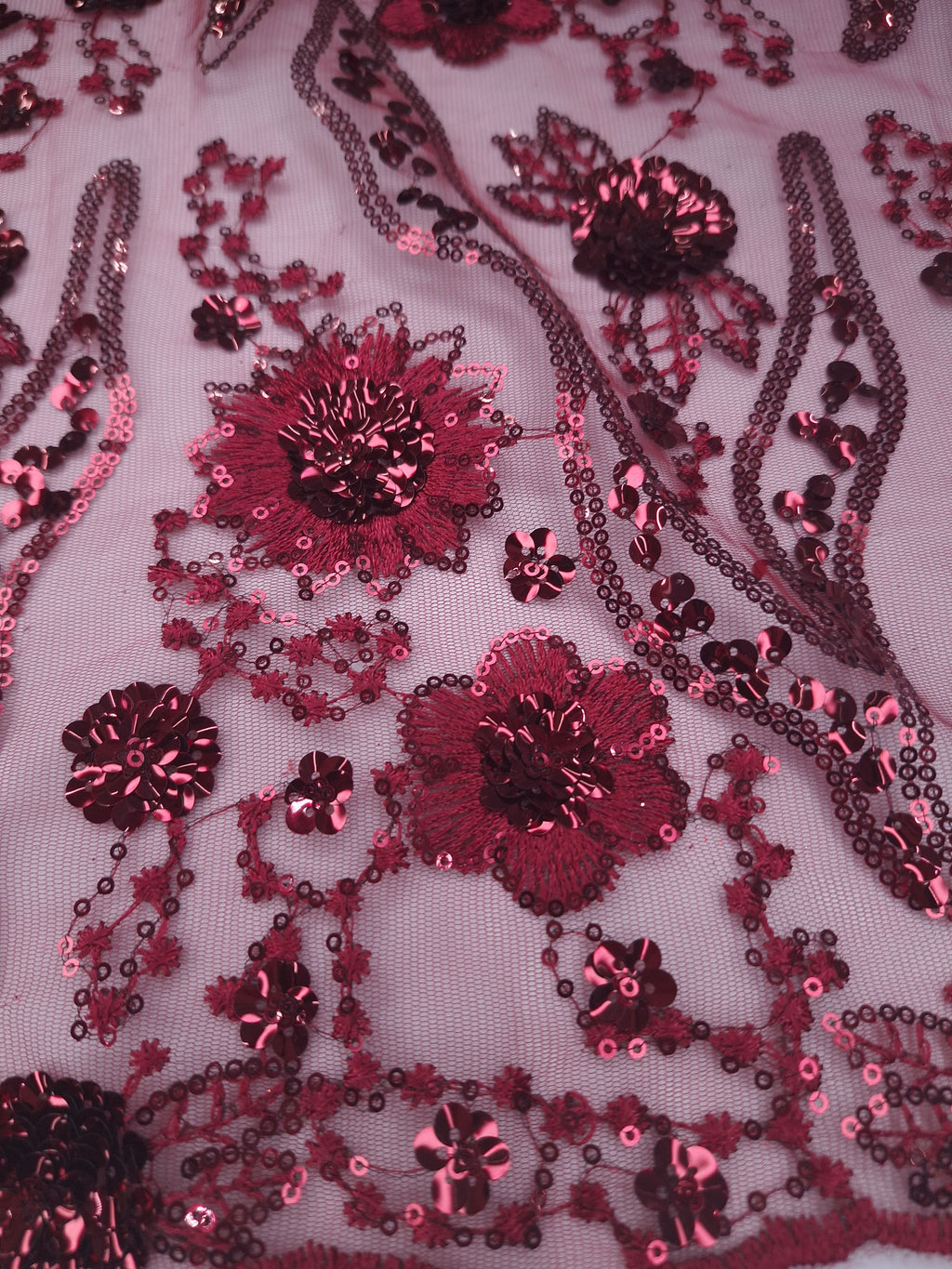 Tul bordado color vino H104, ideal para vestidos de noche de boda y de XV años