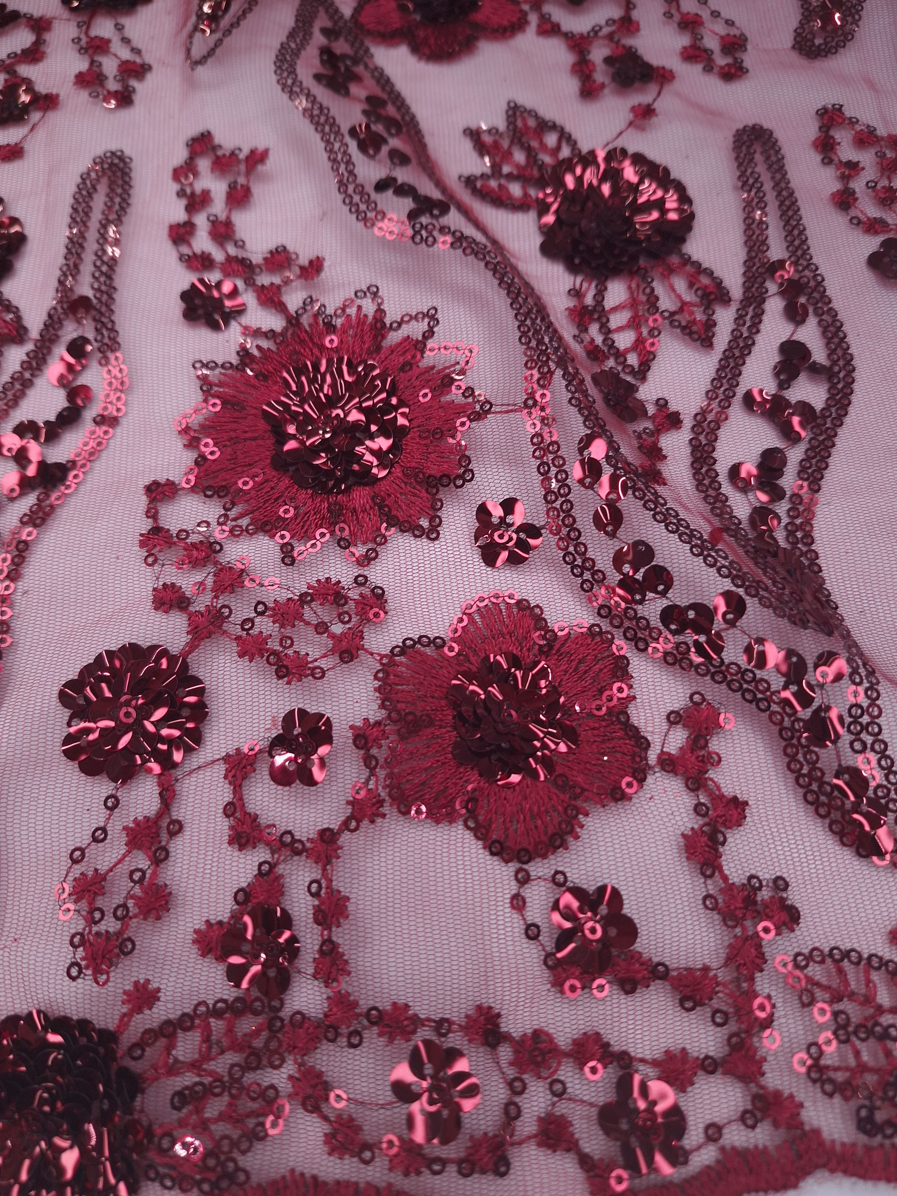 Tul bordado color vino H104, ideal para vestidos de noche de boda y de XV años