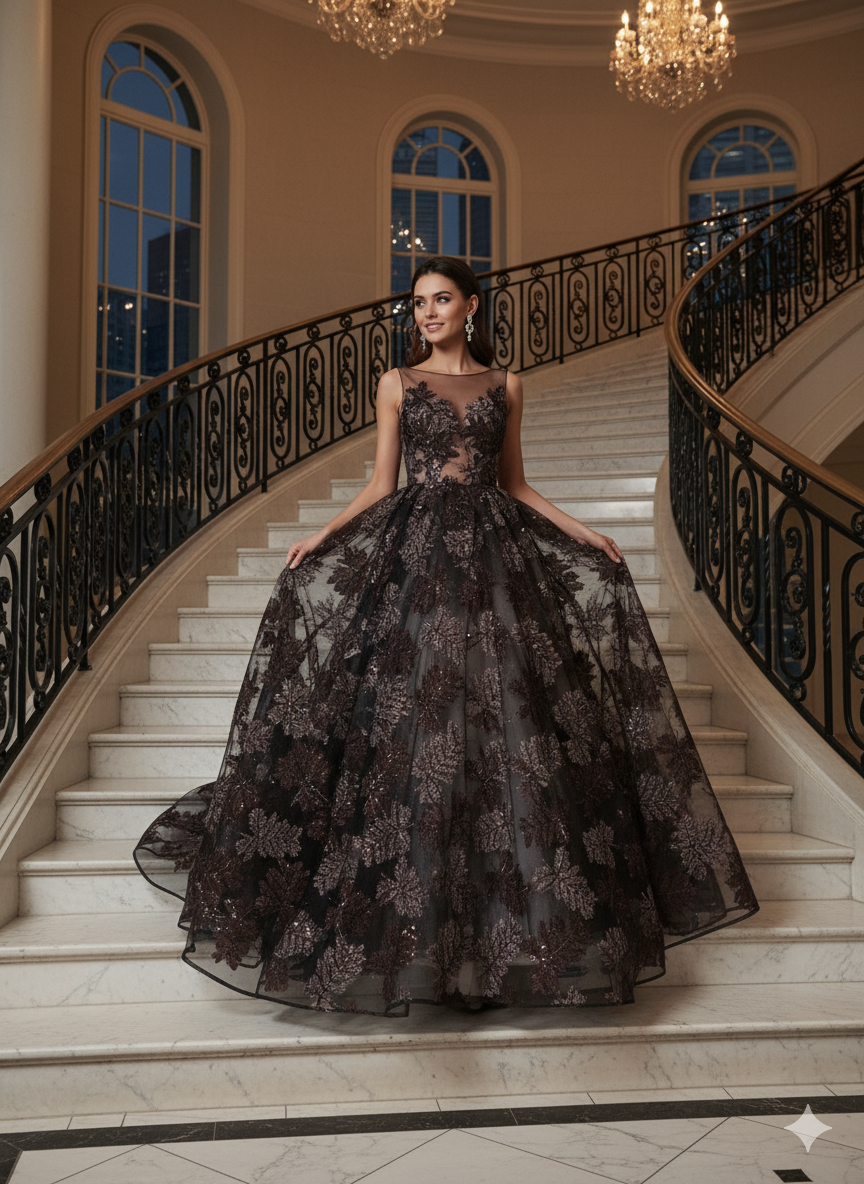 Tul bordado color café A636, ideal para vestidos de noche de boda y de XV añosca