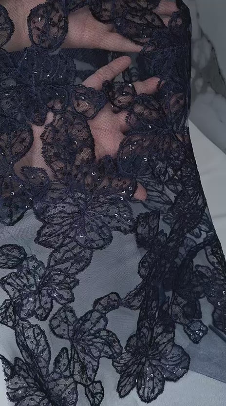 Tul bordado color marino H212, ideal para vestidos de noche de boda y de XV años