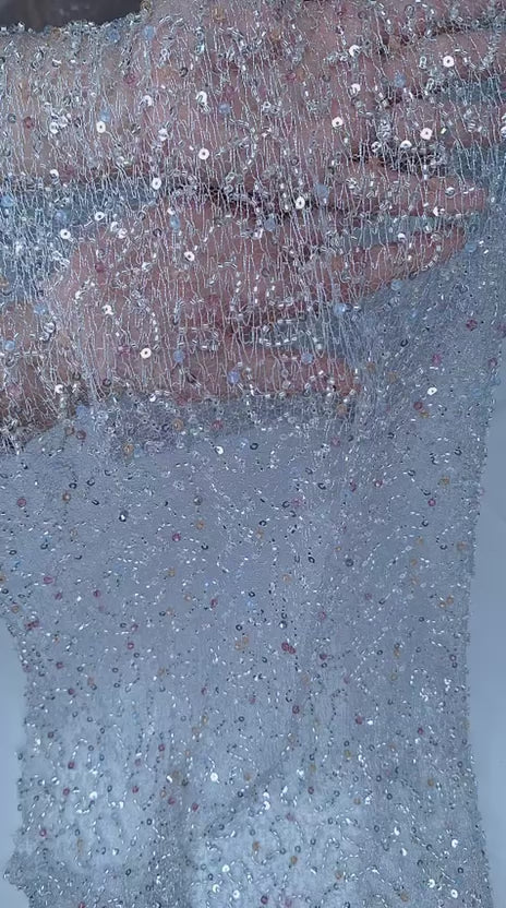 Tul bordado color gris H171, ideal para vestidos de noche de boda y de XV años