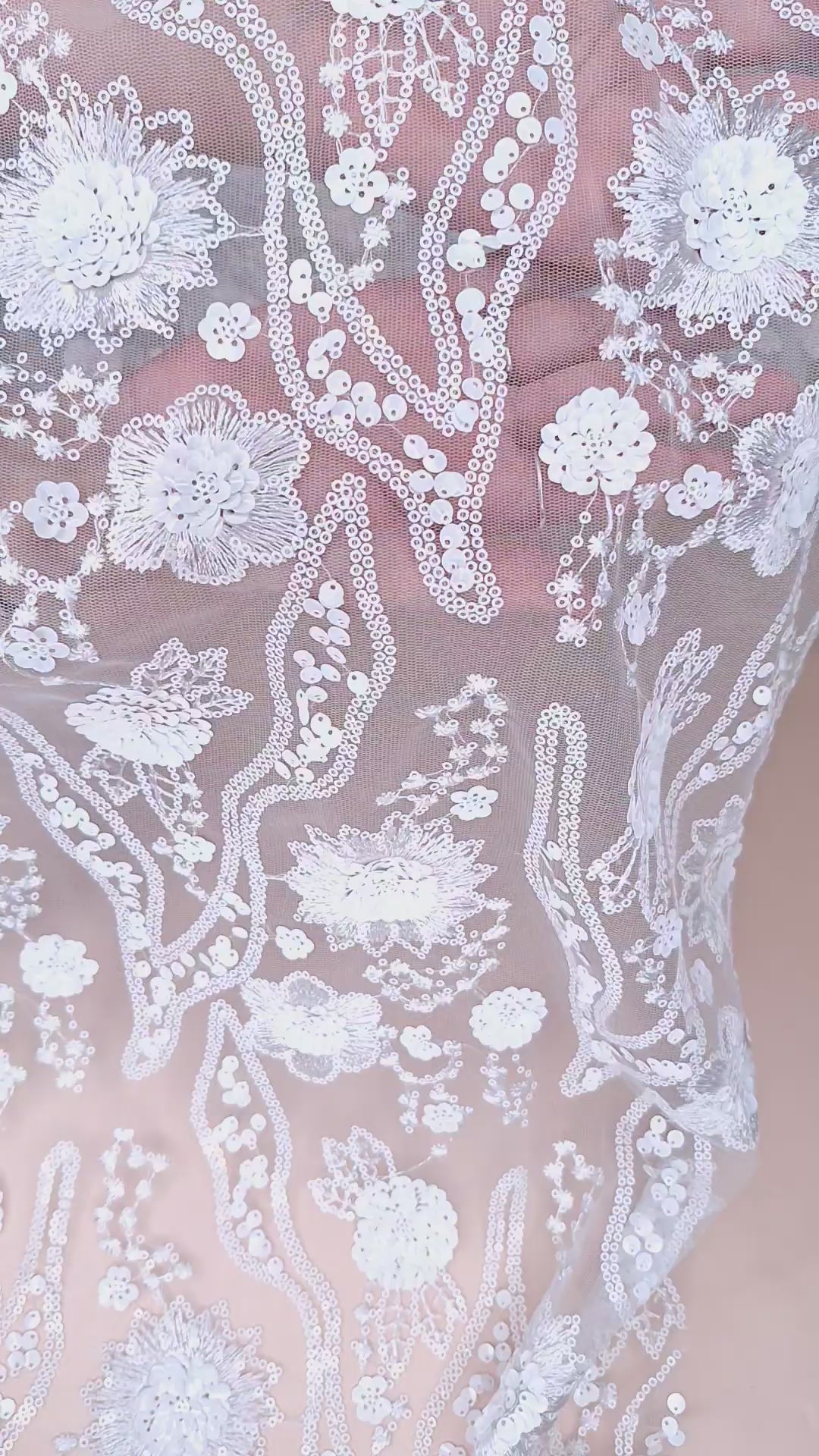Tul bordado color blanco H104, ideal para vestidos de noche de boda y de XV años
